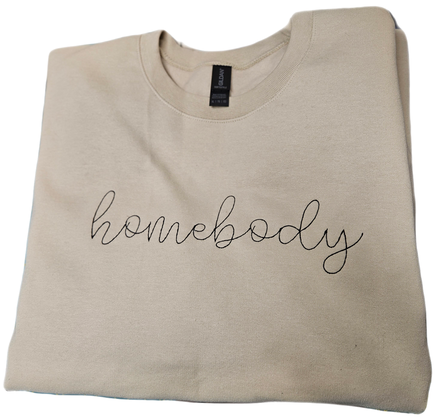 Navy Homebody Embroidered Sweatshirt with Silver Lettering, Cozy Homebody Crewneck Sweatshirt