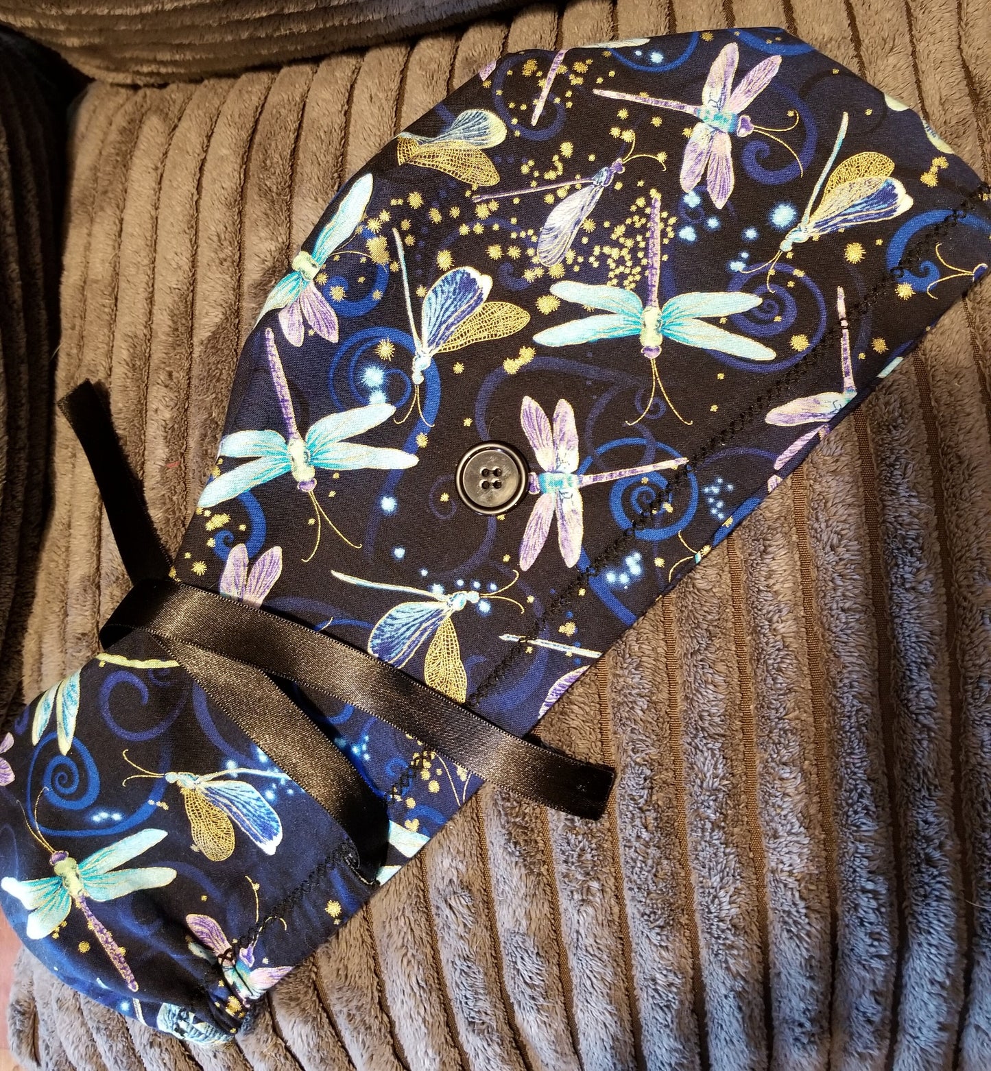 Ponytail Pouch Scrub Cap Navy Background with Dragonfly Print Extra Volume Size