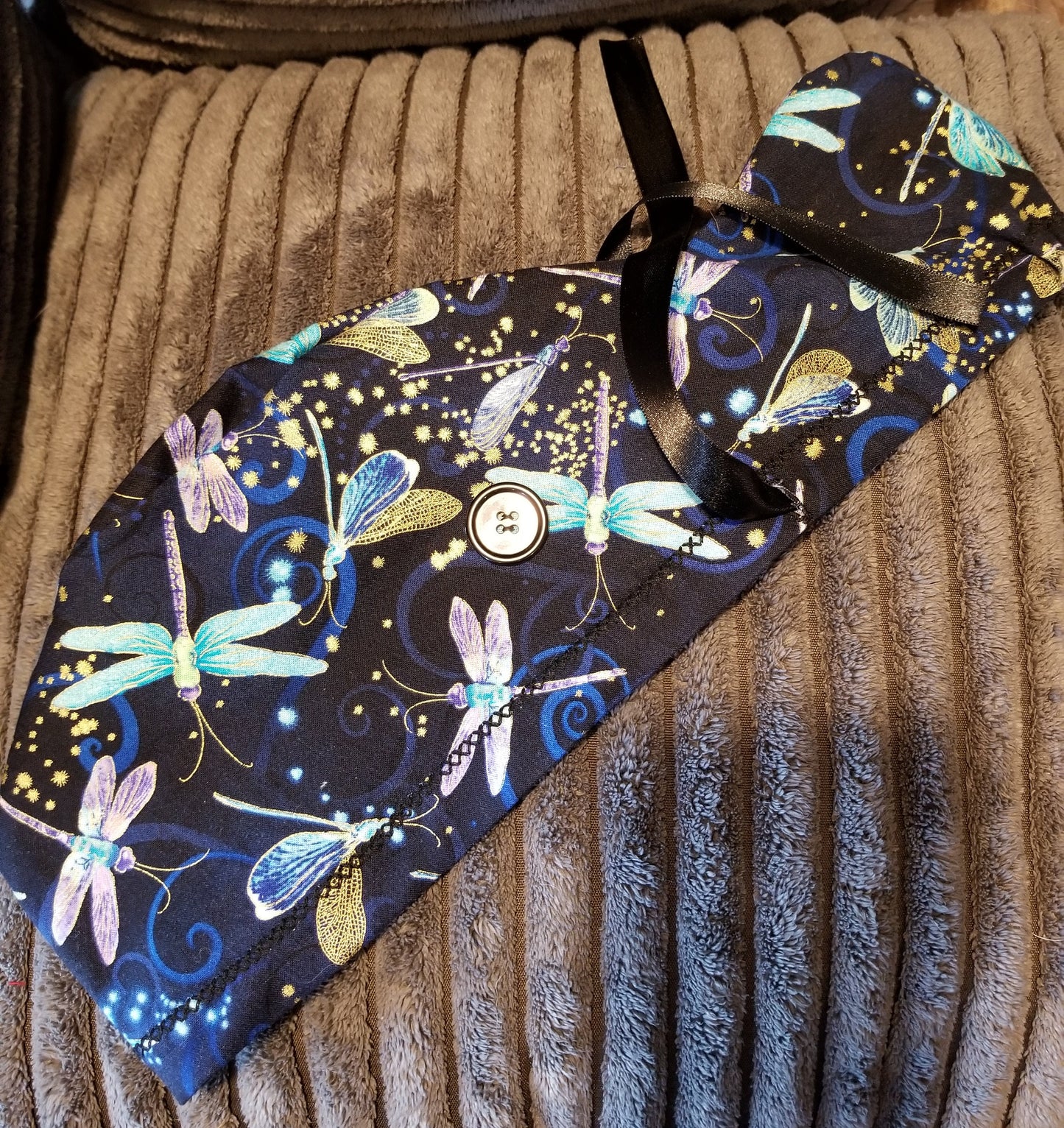 Ponytail Pouch Scrub Cap Navy Background with Dragonfly Print Normal Volume Hair Size