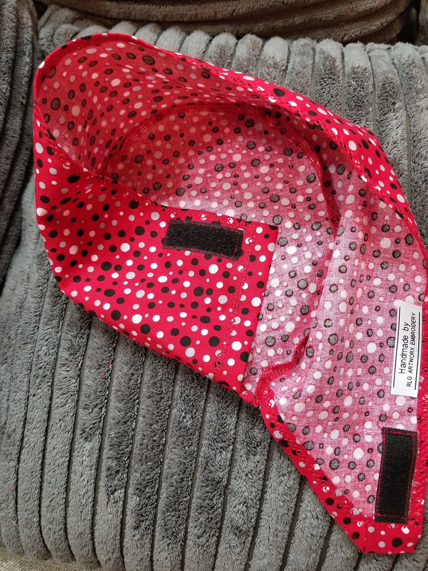 Red Scrub Cap with Gray, White and Black Dots with hook and loop fasteners