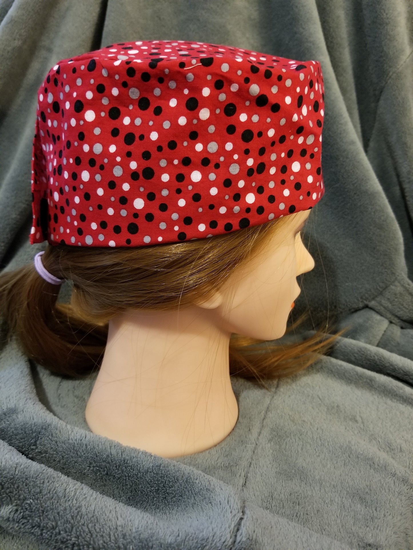 Red Scrub Cap with Gray, White and Black Dots with hook and loop fasteners