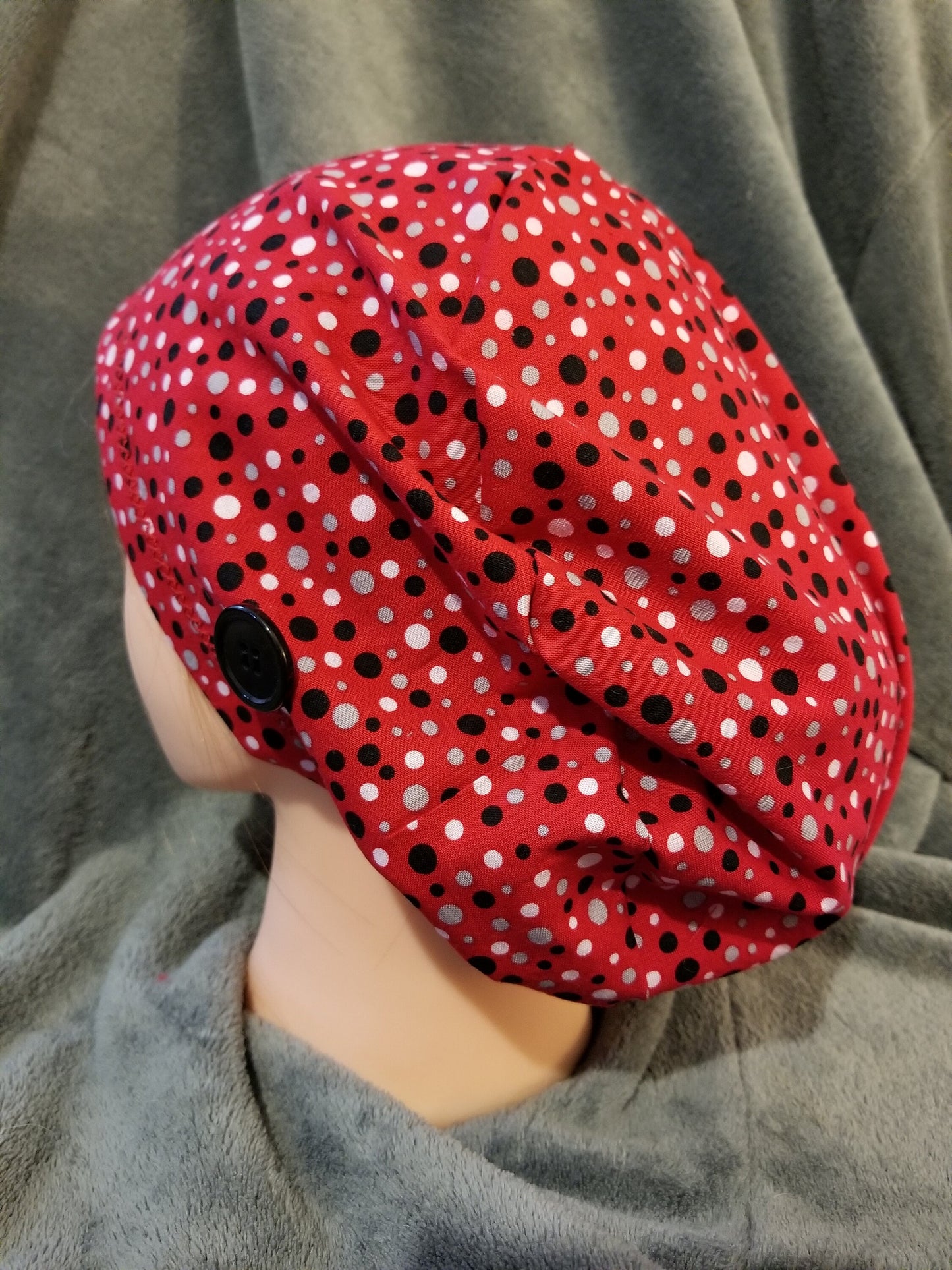 Pixie Style Red Scrub Caps with Gray, White and Black Dots