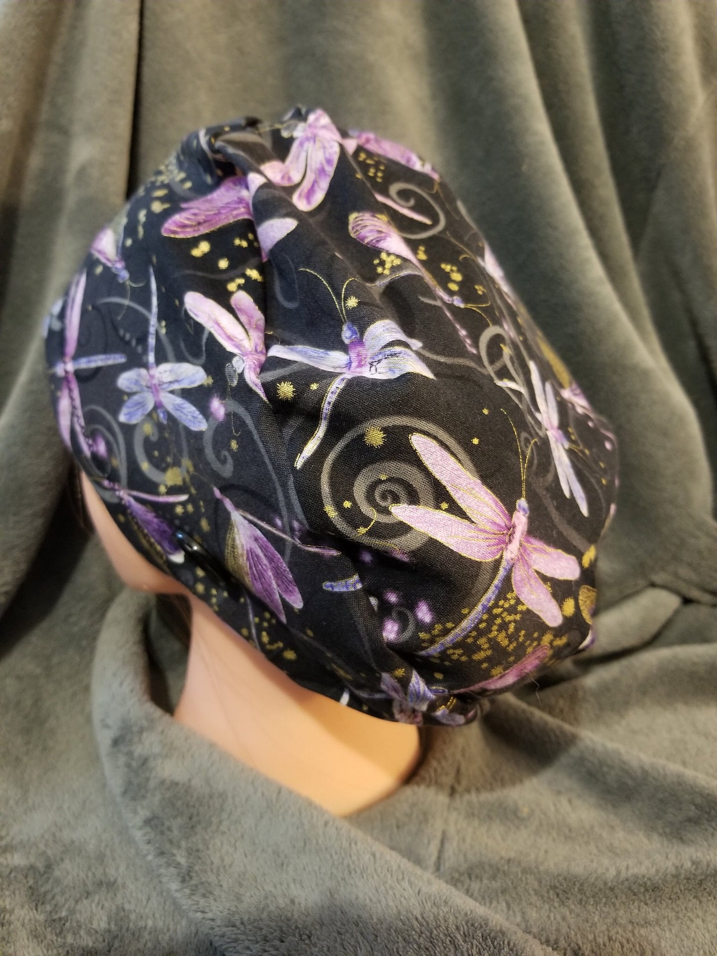 Pixie Style Scrub Cap Black Background with Dragonfly Print, Euro Style Scrub Cap