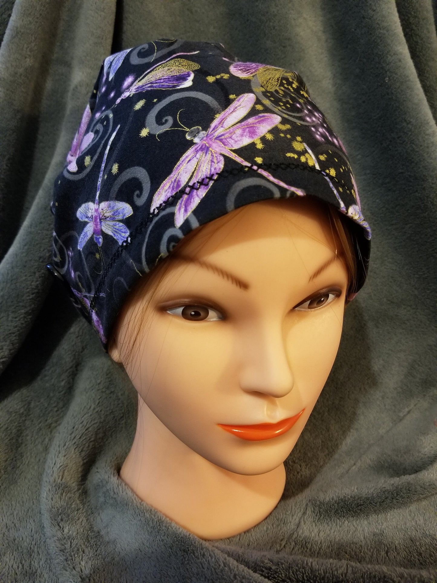 Pixie Style Scrub Cap Black Background with Dragonfly Print, Euro Style Scrub Cap