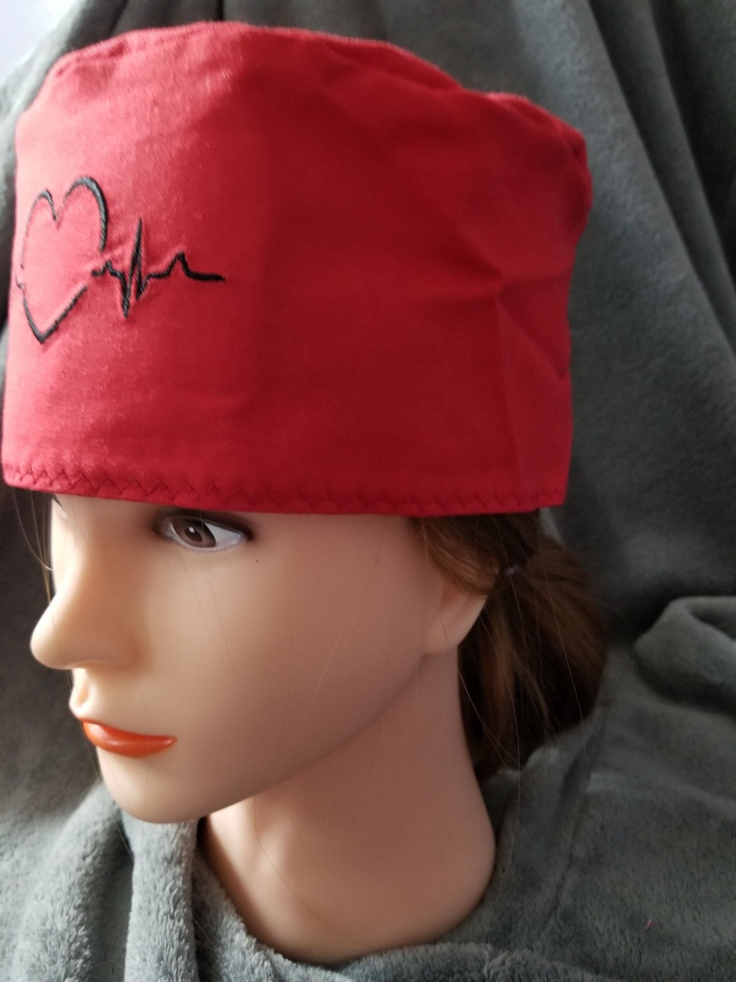 Red EKG Heart Embroidered Scrub Cap with hook and loop fasteners