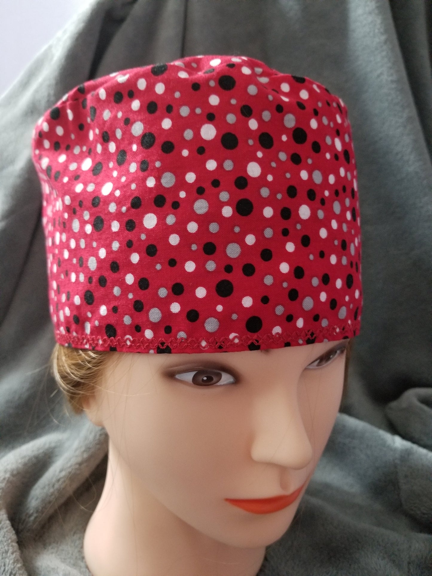Red Scrub Cap with Gray, White and Black Dots with hook and loop fasteners