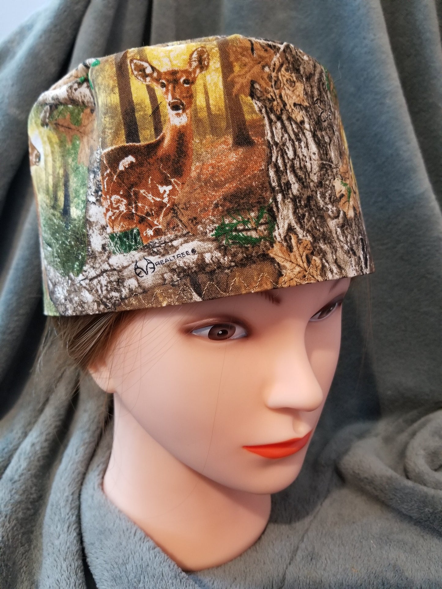 Deer Camo Scrub Cap with hook and loop fasteners