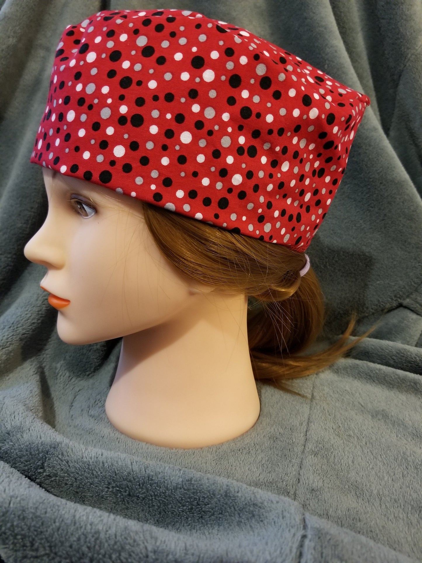 Red Scrub Cap with Gray, White and Black Dots with hook and loop fasteners