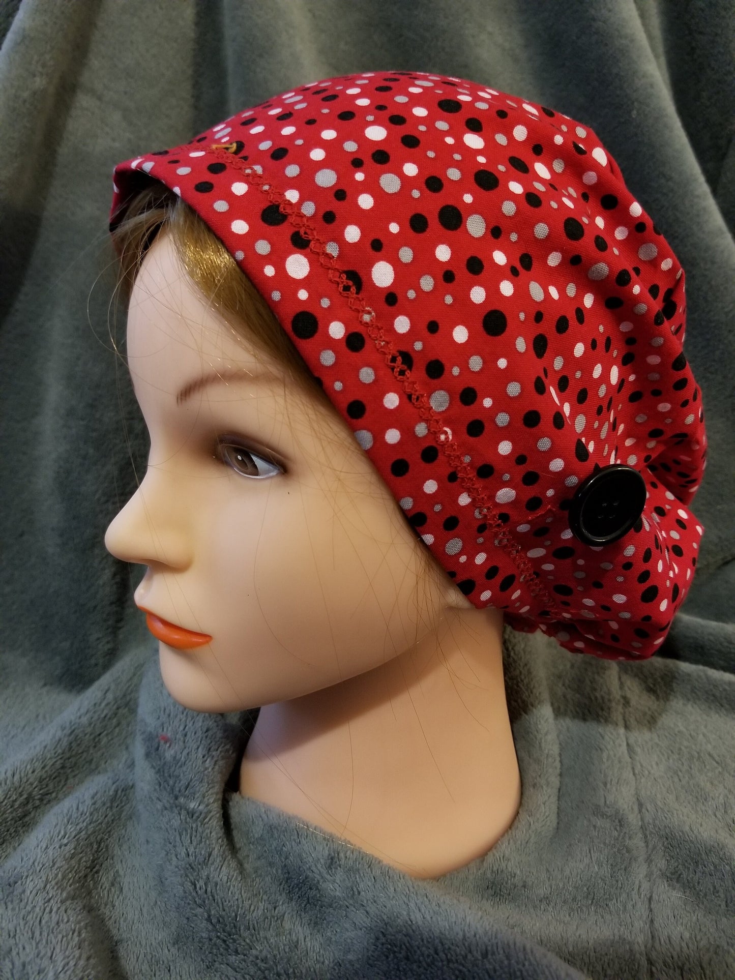 Pixie Style Red Scrub Caps with Gray, White and Black Dots