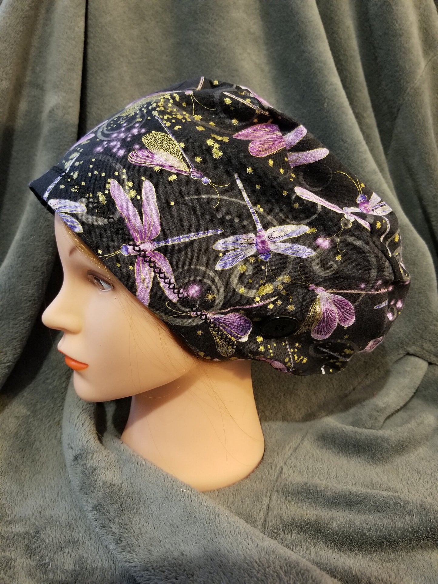 Pixie Style Scrub Cap Black Background with Dragonfly Print, Euro Style Scrub Cap