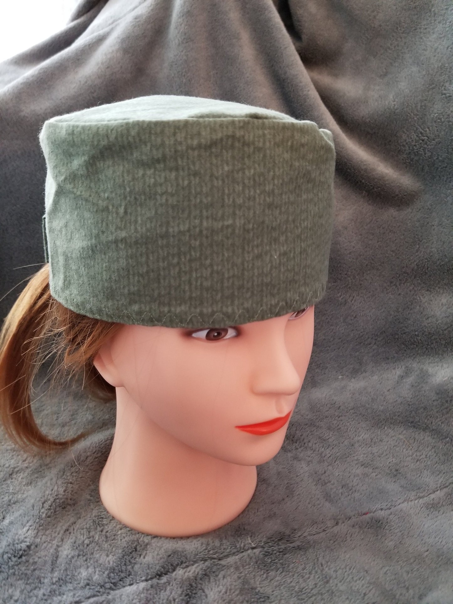 Green Knit Print Flannel Scrub Cap with hook and loop fasteners