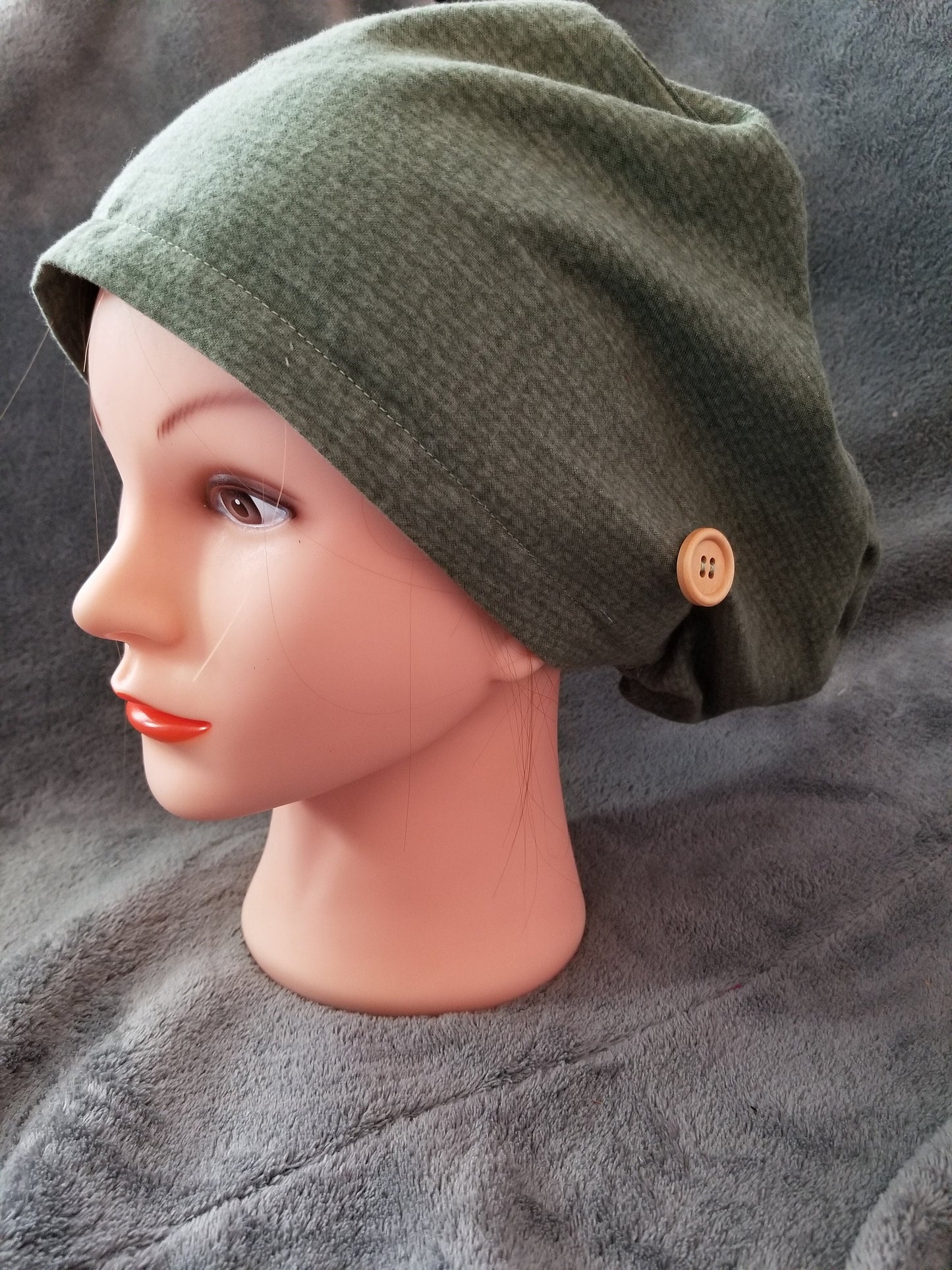 Green Knit Print Flannel Pixie Scrub Cap, Euro style scrub cap