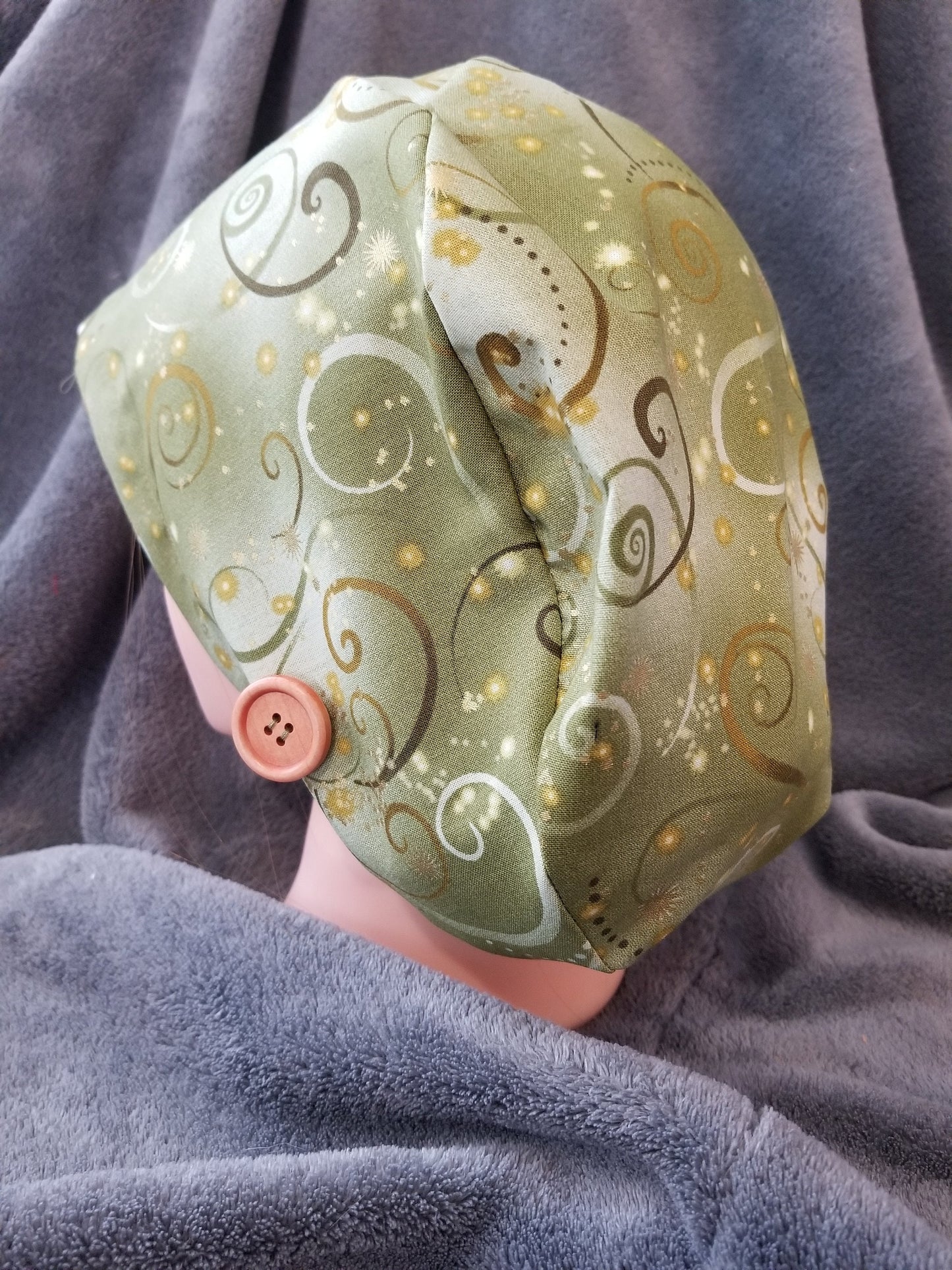 Pixie Style Scrub Cap Green Background with Swirls, Euro Style Scrub Cap