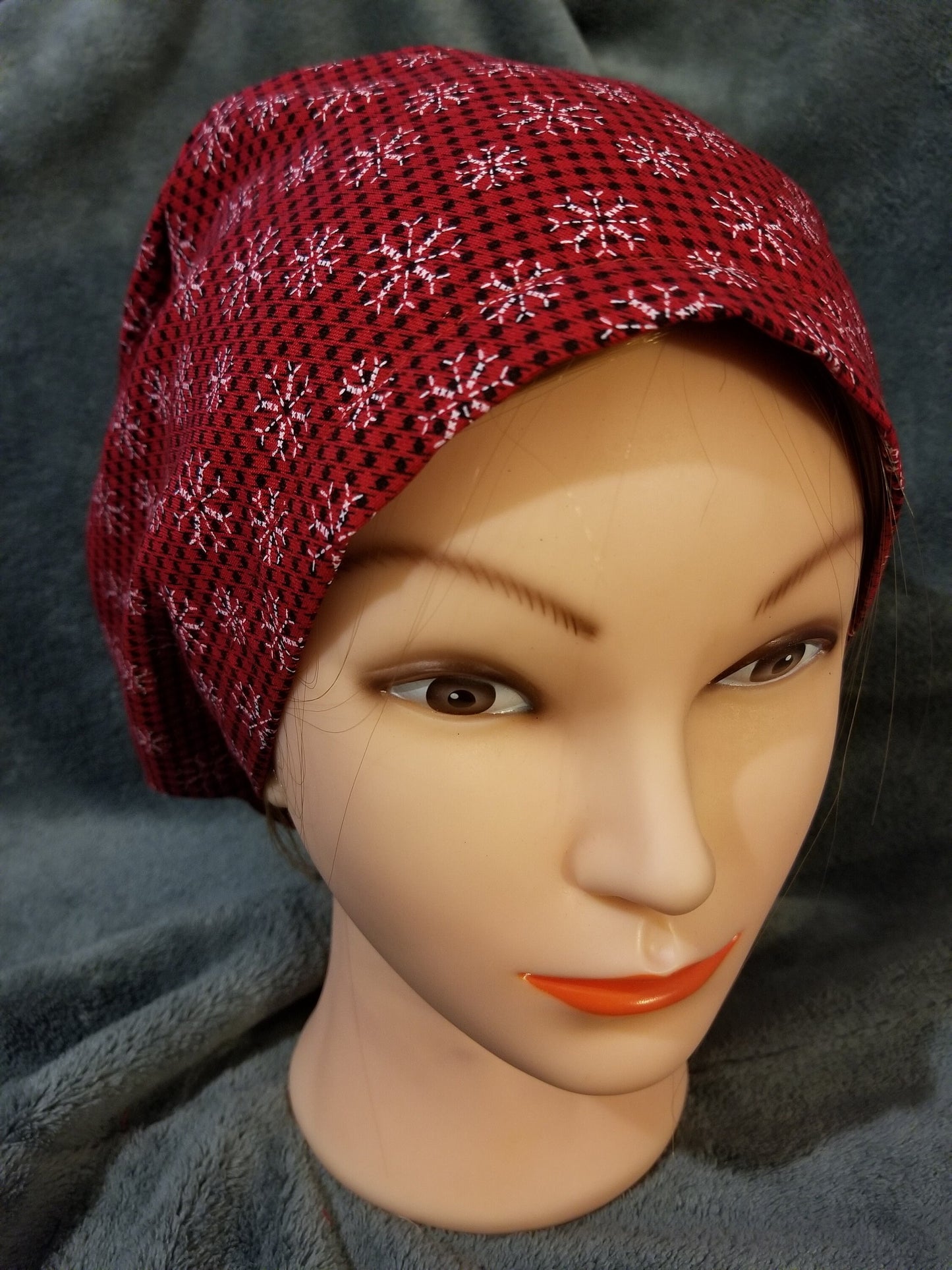 Red and Black Small Checks with White Snowflakes Pixie Style Christmas Scrub Caps, Euro style scrub cap
