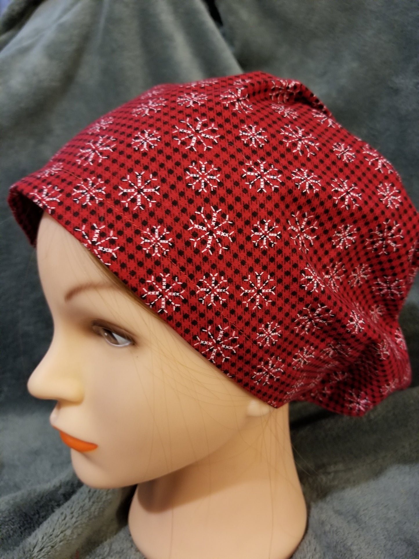 Red and Black Small Checks with White Snowflakes Pixie Style Christmas Scrub Caps, Euro style scrub cap