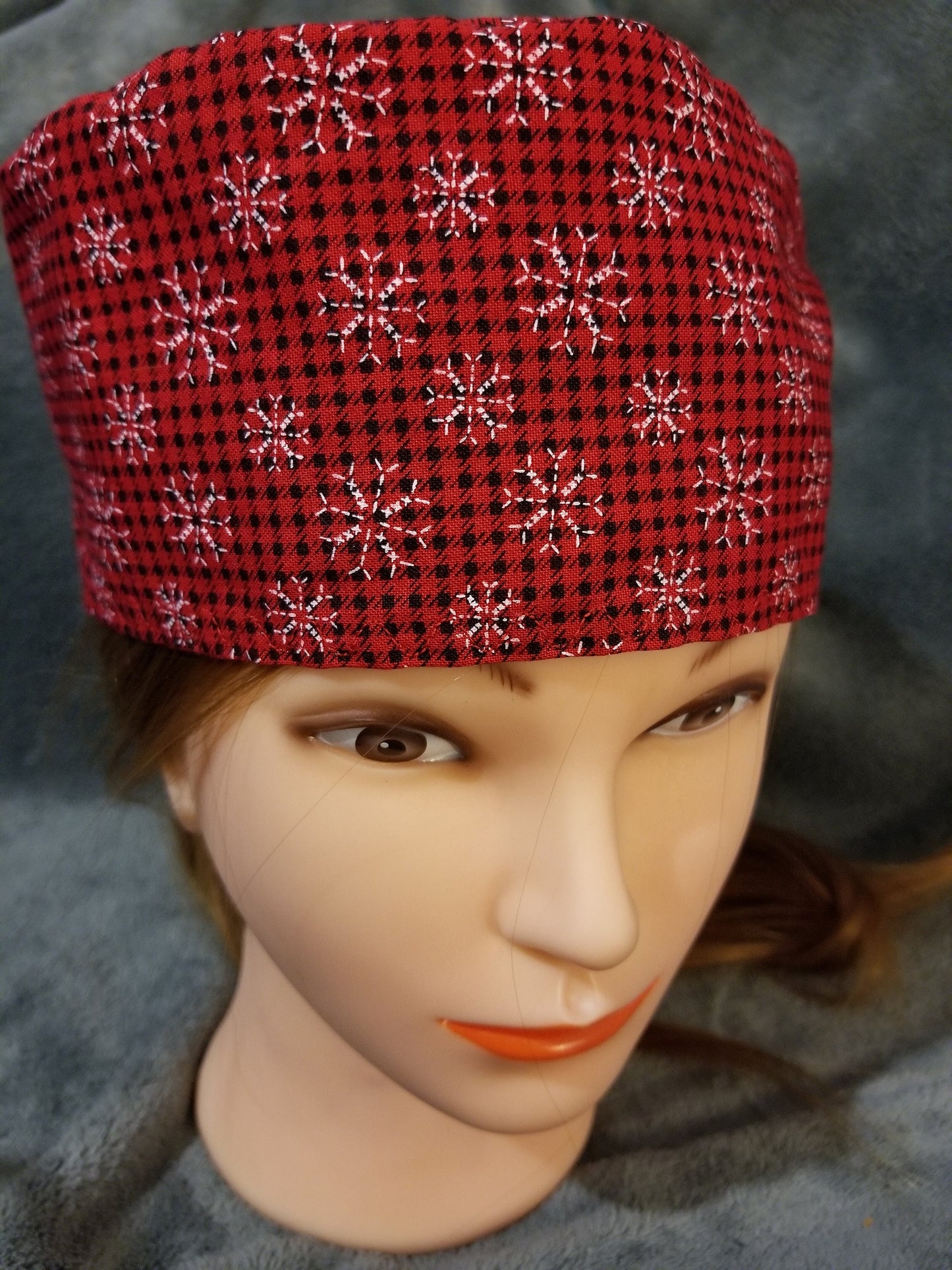 Red and Black Check with White Snowflakes Christmas Print Scrub Cap with hook and loop fasteners