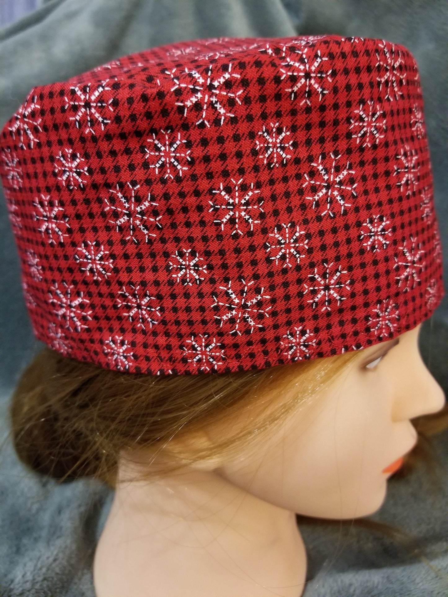 Red and Black Check with White Snowflakes Christmas Print Scrub Cap with hook and loop fasteners