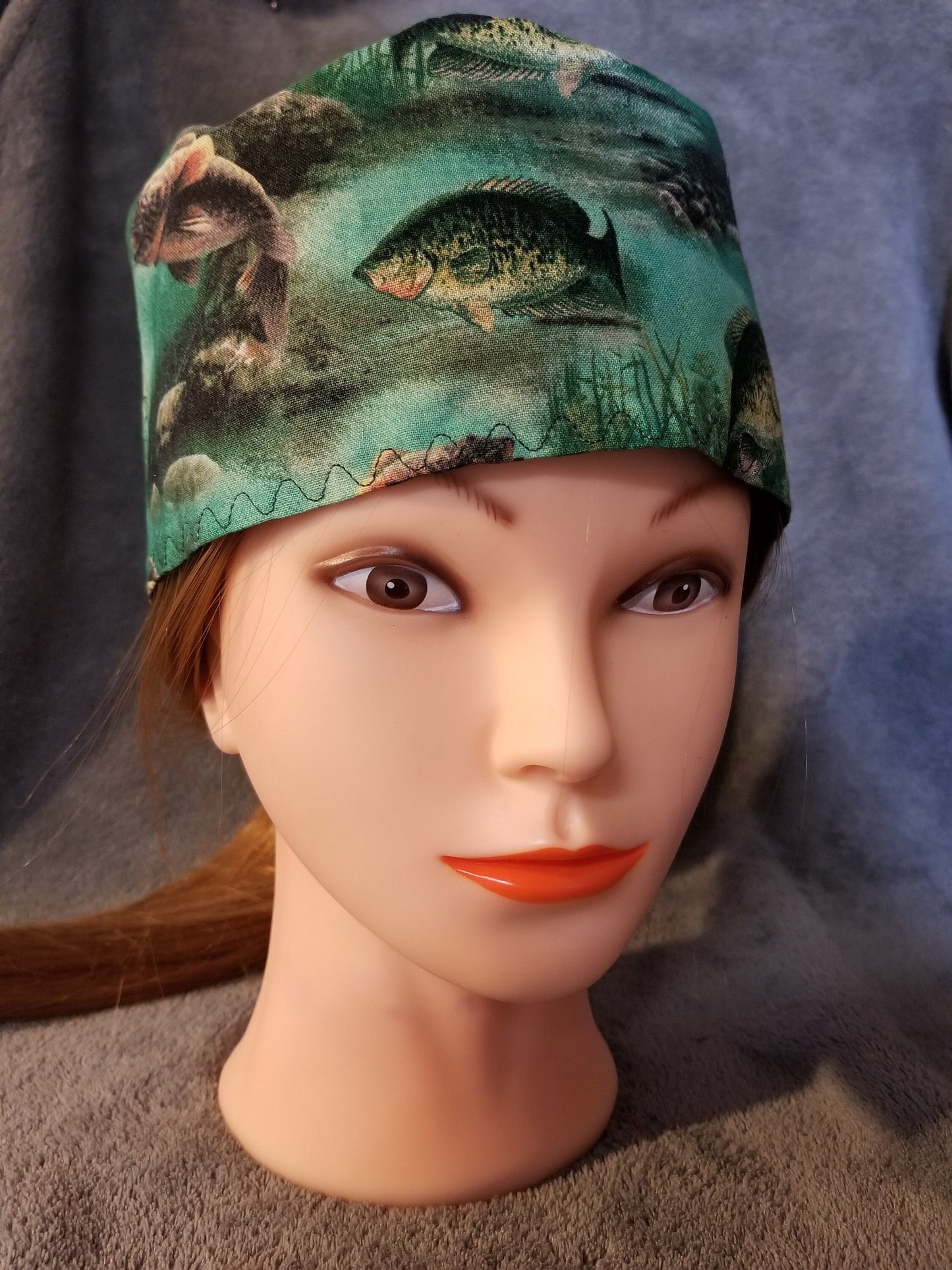 Green with Fish Print Scrub Cap with hook and loop fasteners