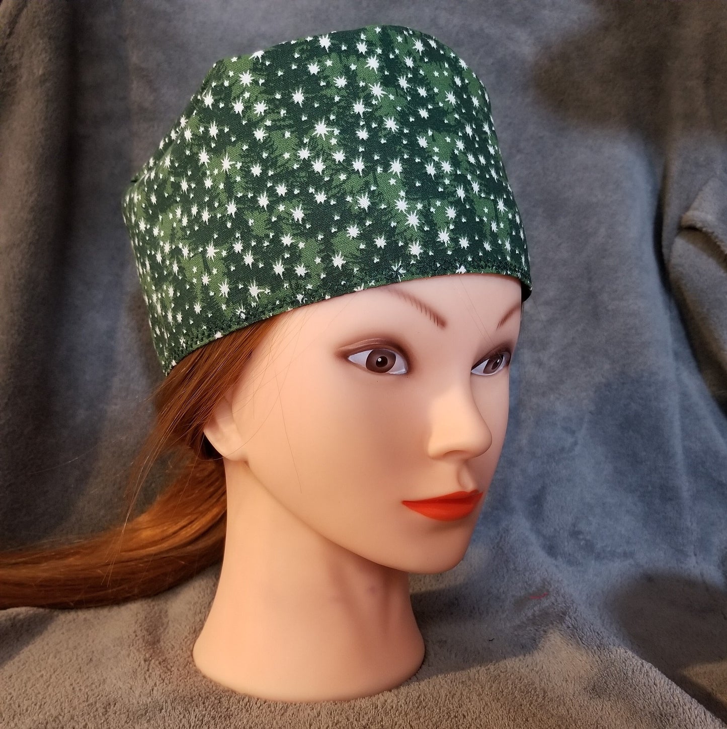 Green Tree Print with White Stars Scrub Cap with hook and loop fasteners
