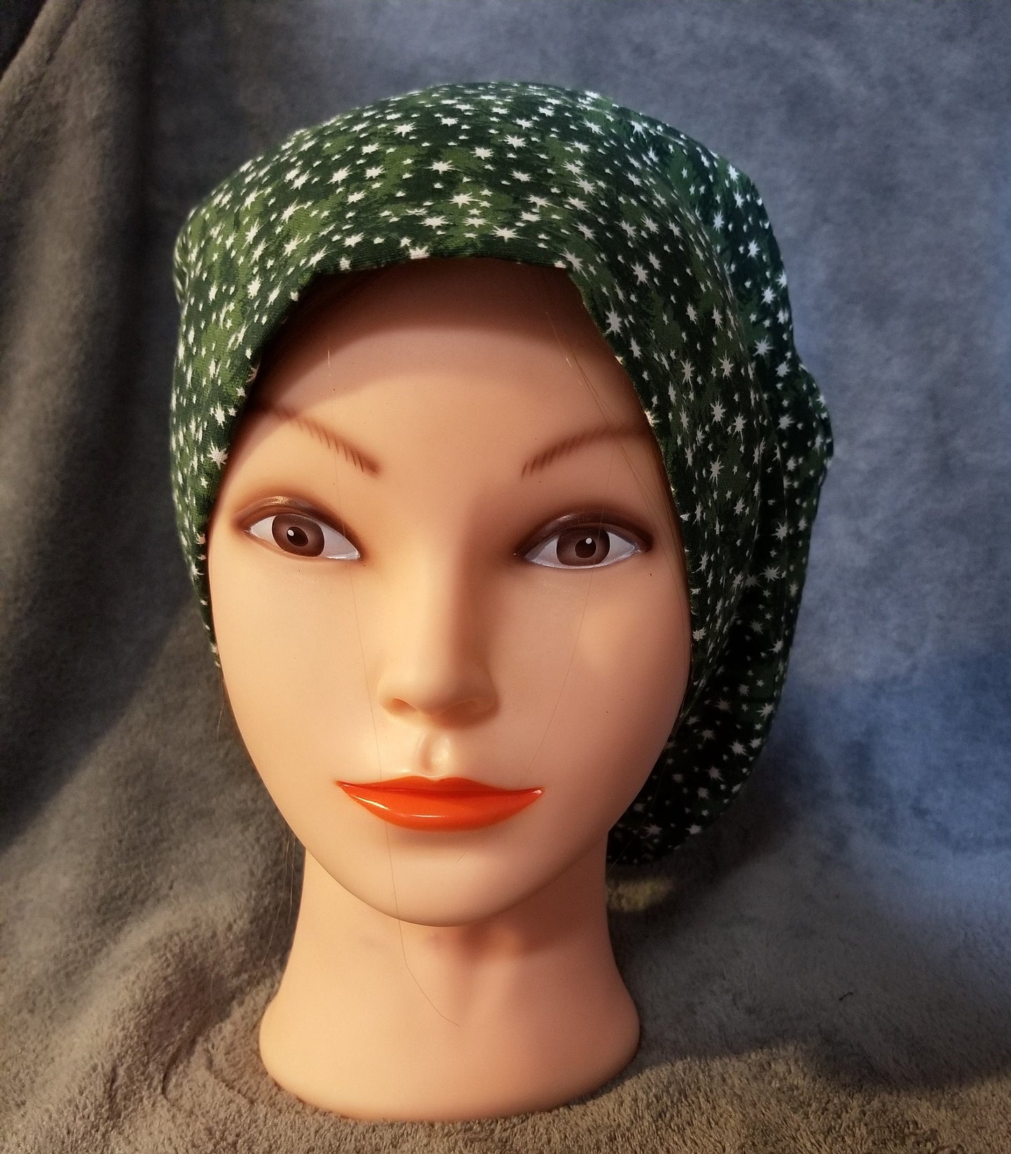 Green Tree Print with White Stars Pixie Style Christmas Scrub Cap