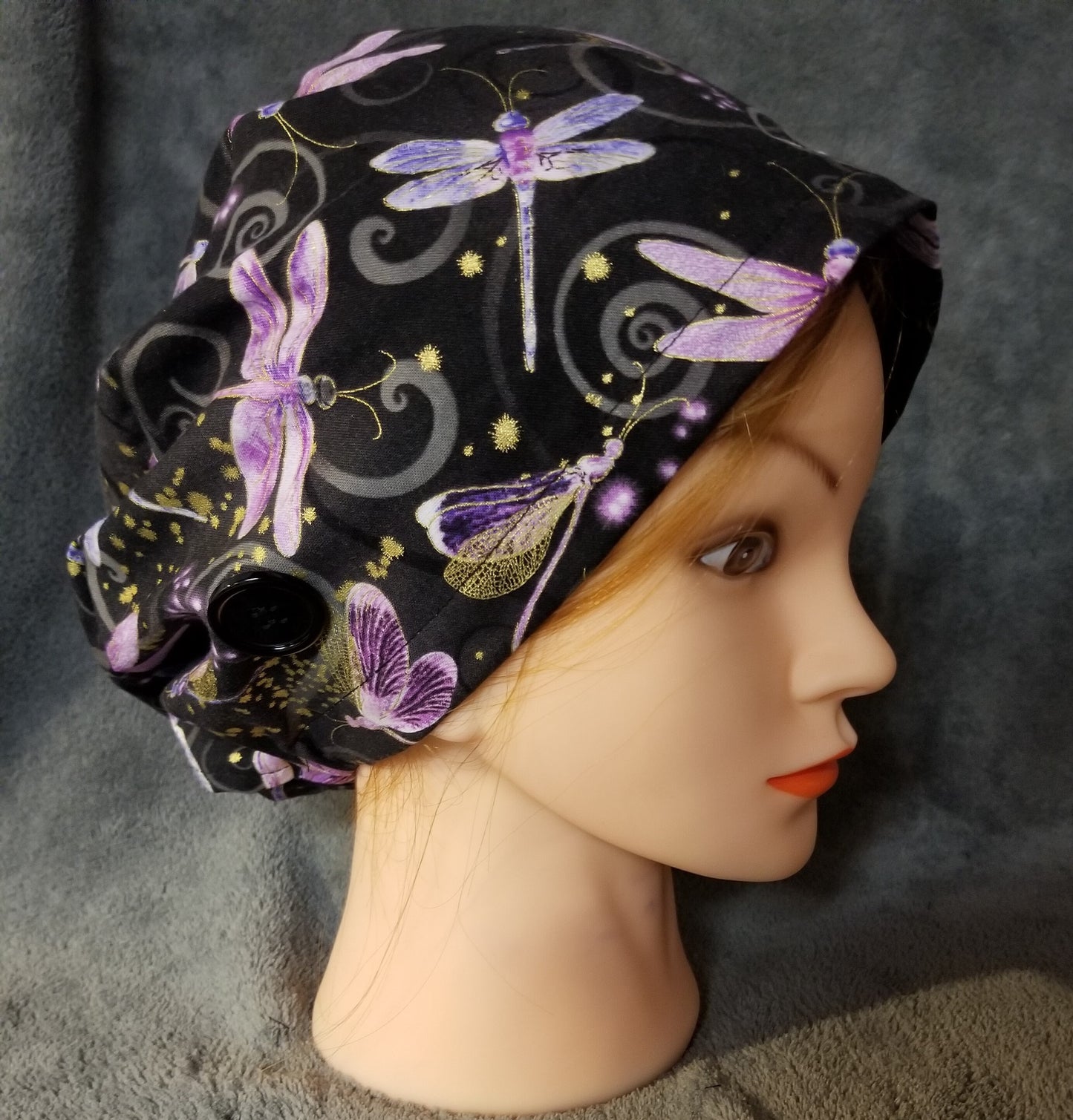 Pixie Style Scrub Cap Black Background with Dragonfly Print, Euro Style Scrub Cap