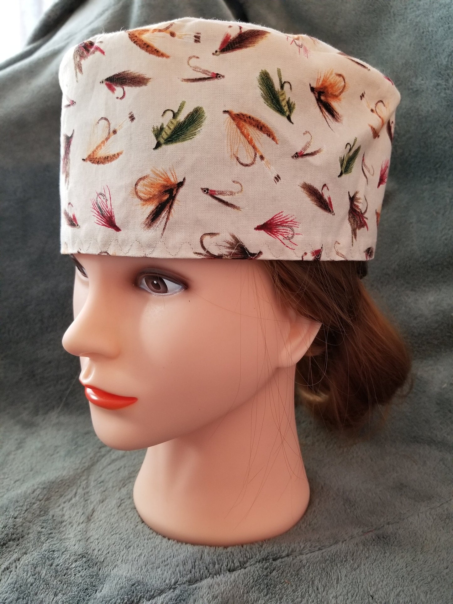 Beige Background with Fishing Lures Scrub Cap with hook and loop fasteners