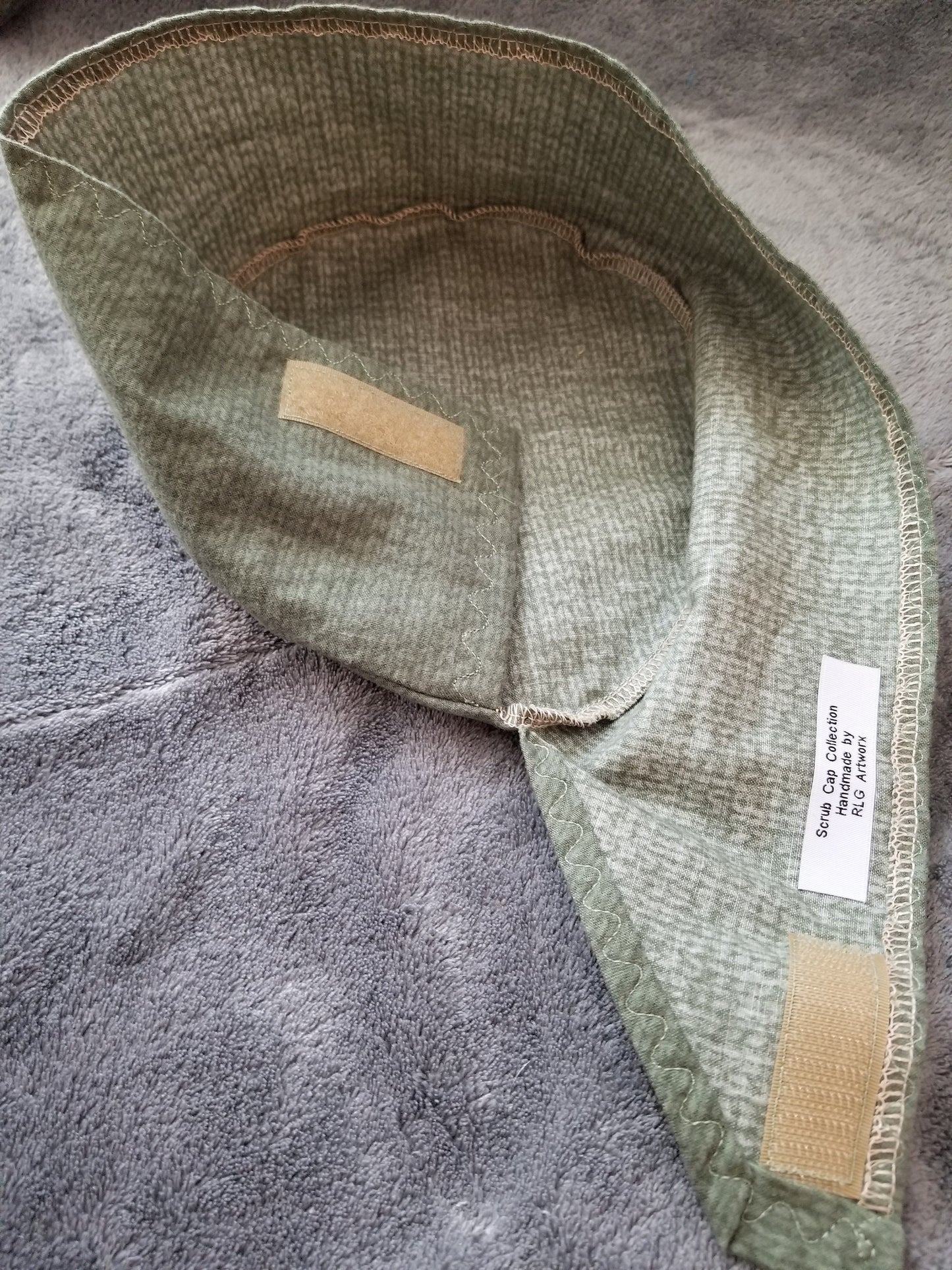Green Knit Print Flannel Scrub Cap with hook and loop fasteners