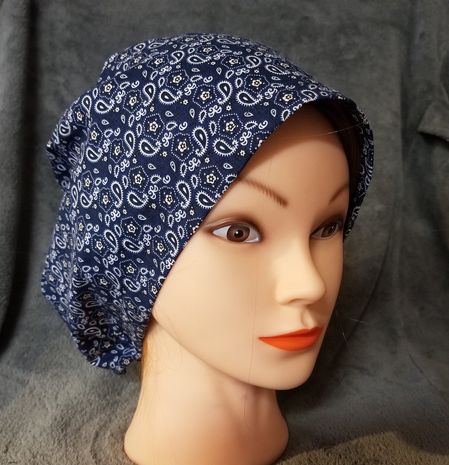 Blue Bandana with White and Black Accents Pixie Style Scrub Caps, Euro style scrub cap