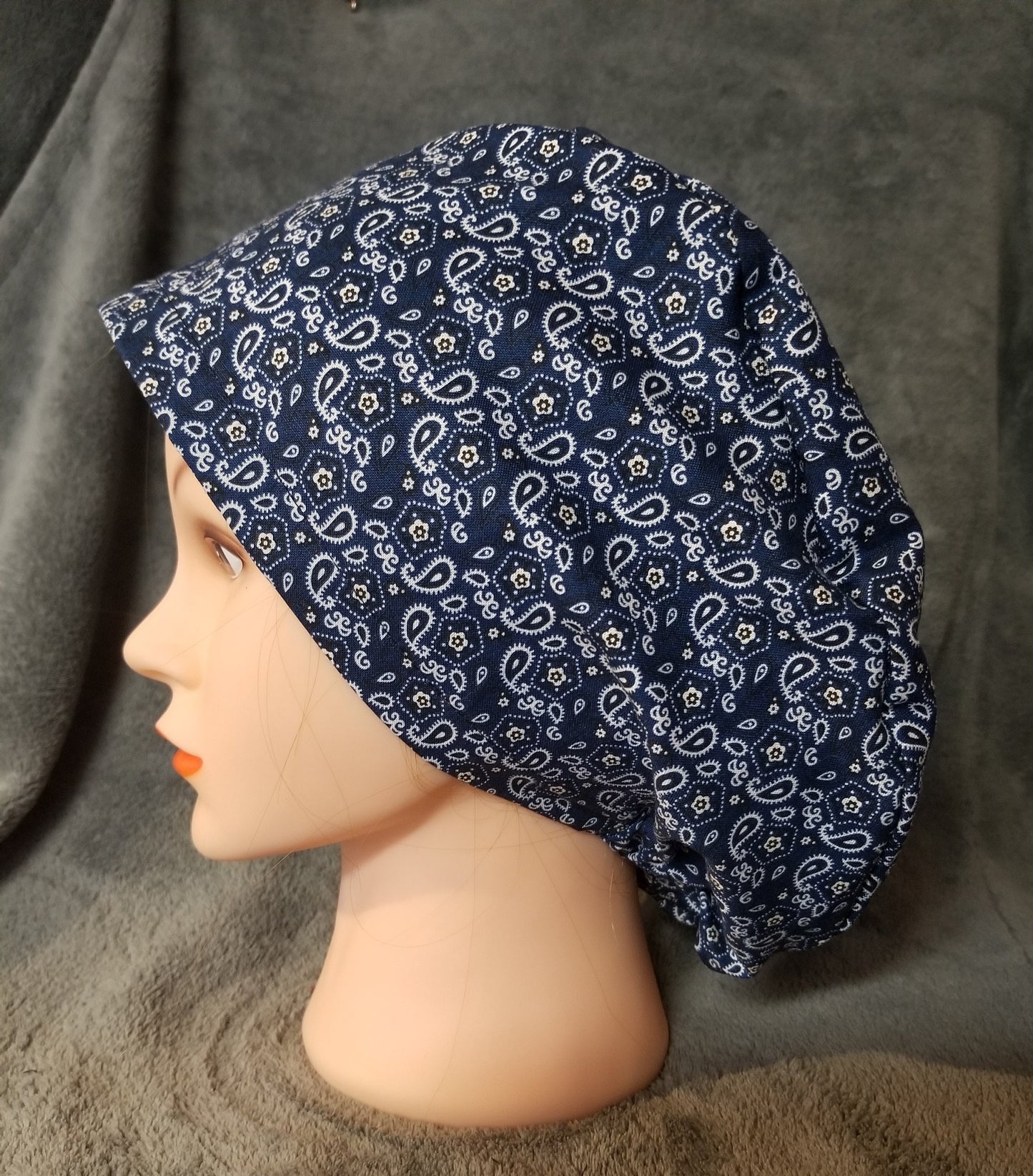 Blue Bandana with White and Black Accents Pixie Style Scrub Caps, Euro style scrub cap