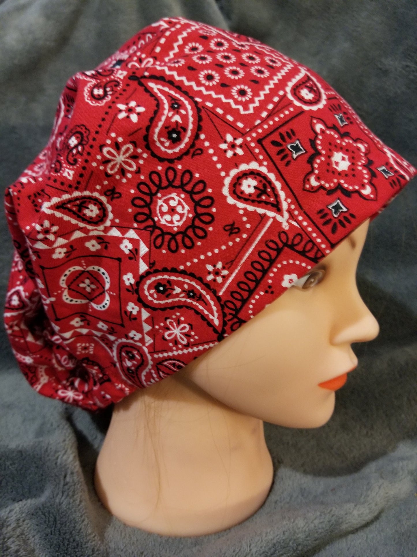 Red Bandana with White and Black Accents Pixie Style Scrub Cap, Euro style scrub cap