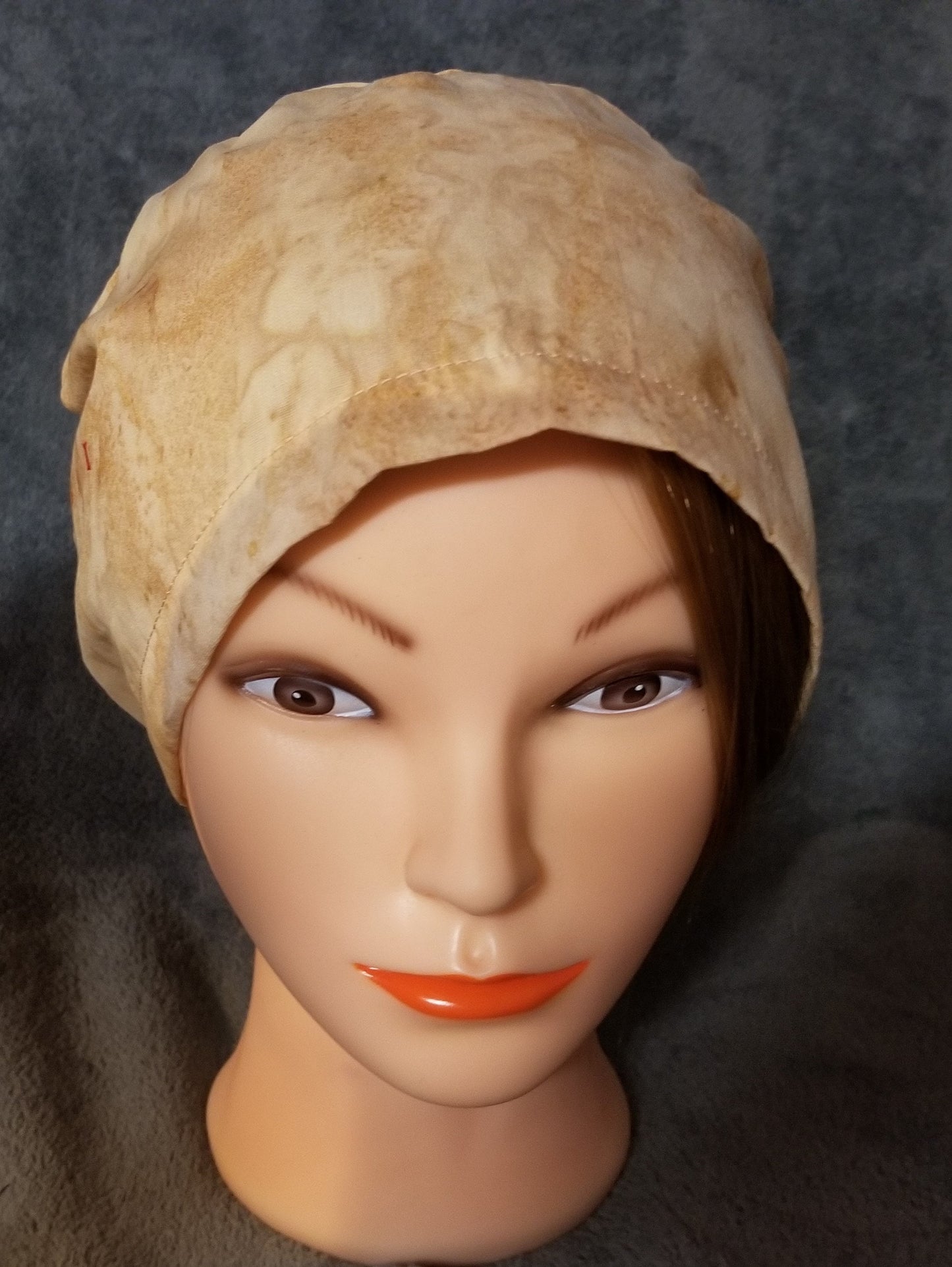 Beige Batik Print Pixie Style Scrub Cap, Euro style scrub cap