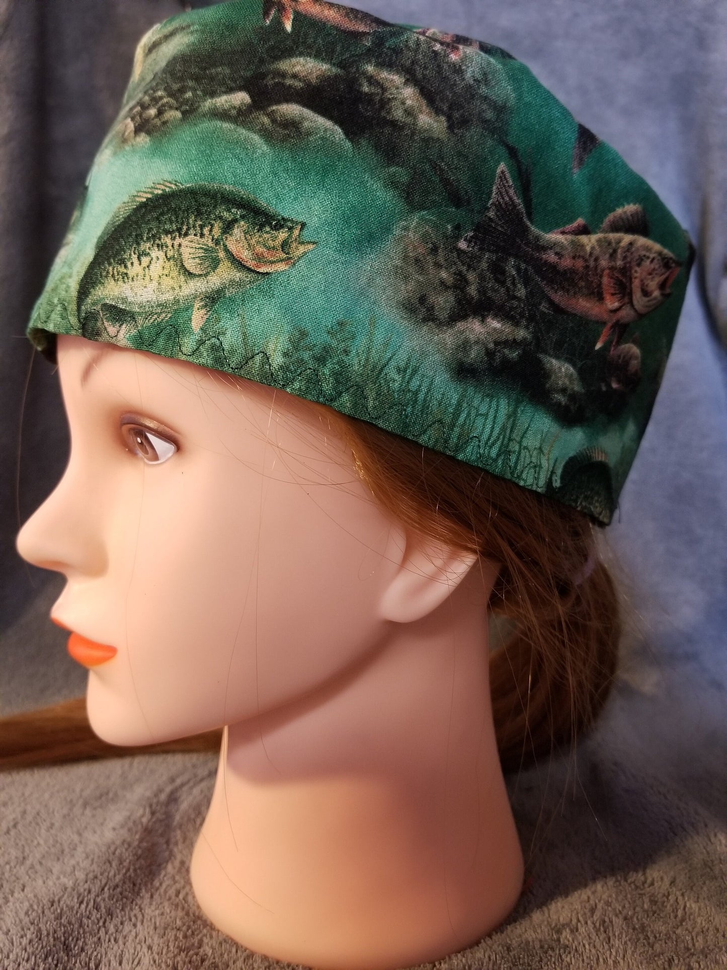 Green with Fish Print Scrub Cap with hook and loop fasteners