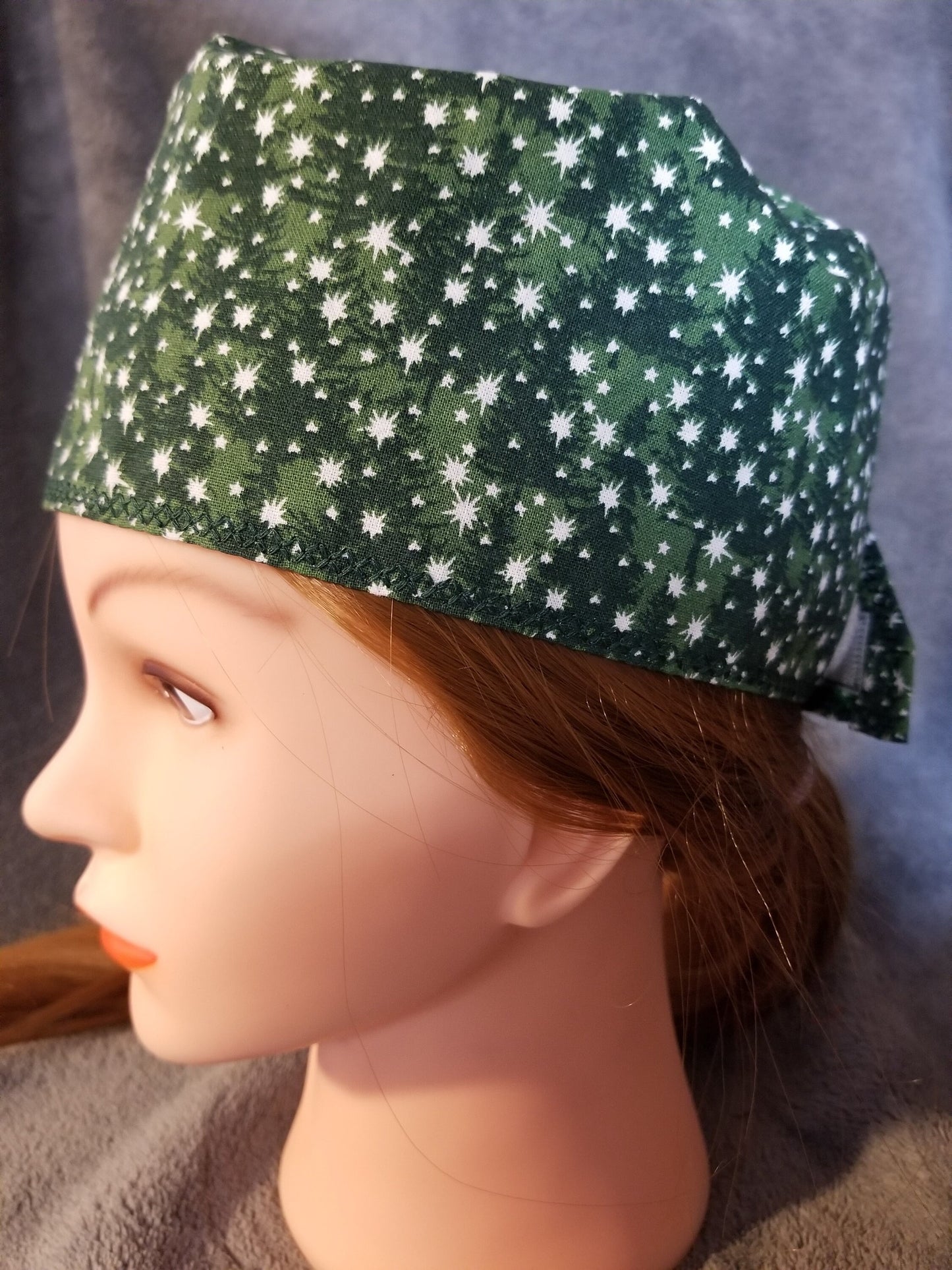 Green Tree Print with White Stars Scrub Cap with hook and loop fasteners
