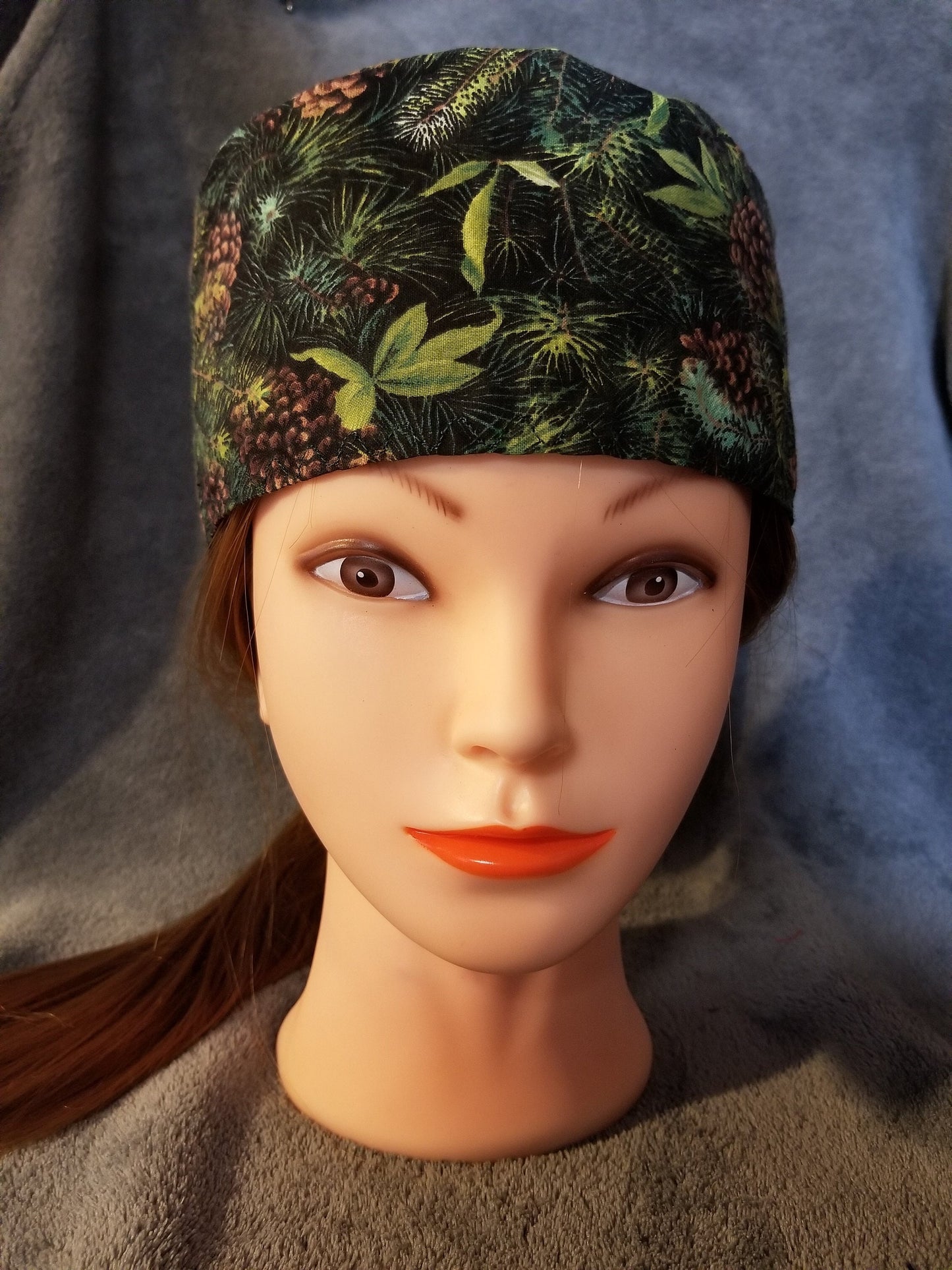 Green Print with Pinecones Scrub Cap with hook and loop fasteners