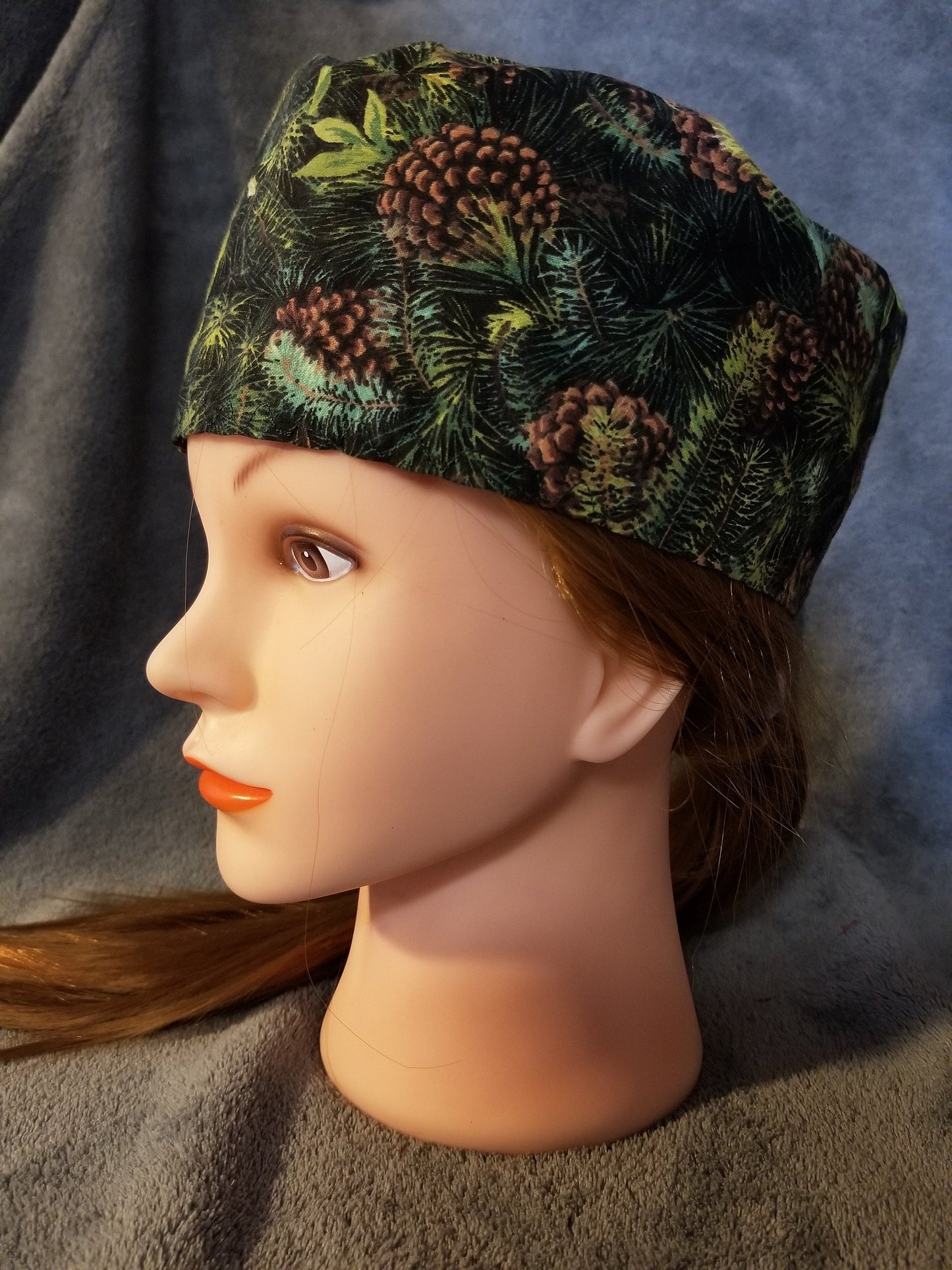Green Print with Pinecones Scrub Cap with hook and loop fasteners