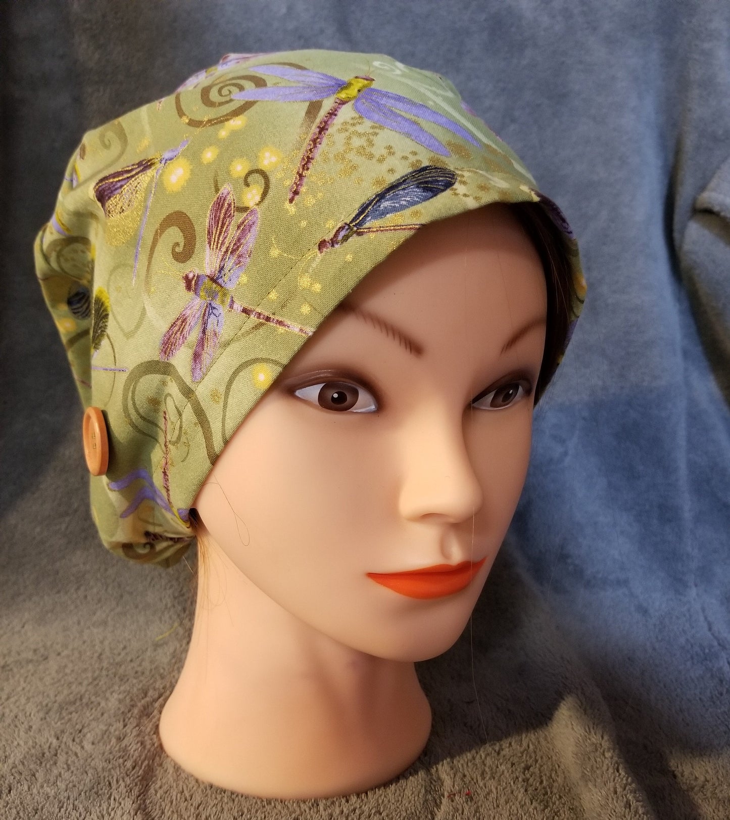 Pixie Style Scrub Cap Green Background with Dragonflies, Euro Style Scrub Cap