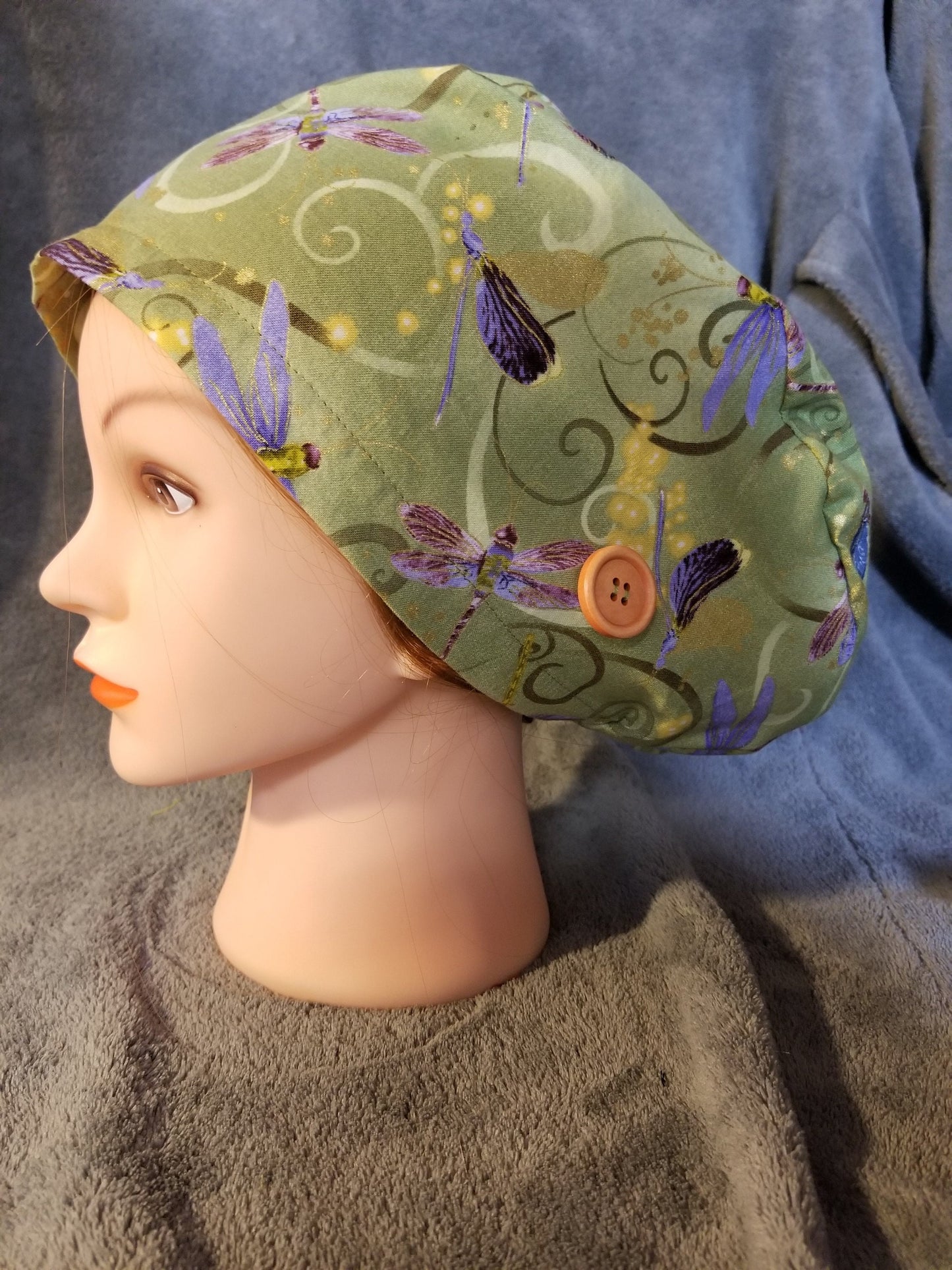 Pixie Style Scrub Cap Green Background with Dragonflies, Euro Style Scrub Cap