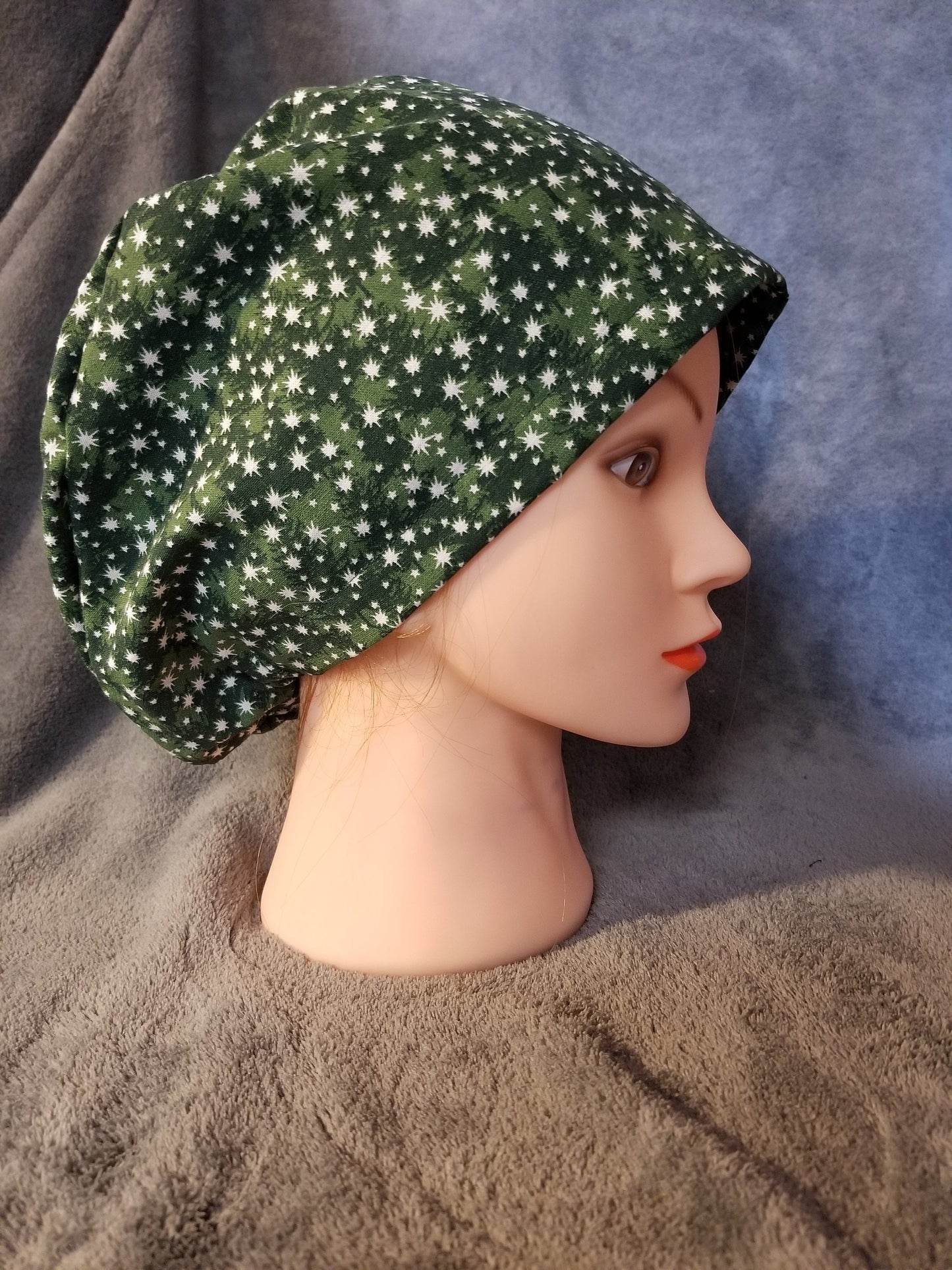 Green Tree Print with White Stars Pixie Style Christmas Scrub Cap