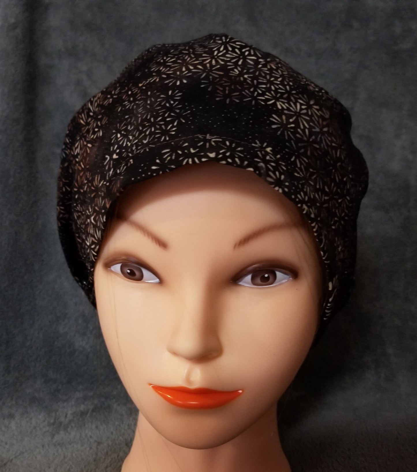 Brown with Fall Flowers Batik Pixie Style Scrub Cap, Euro style scrub cap