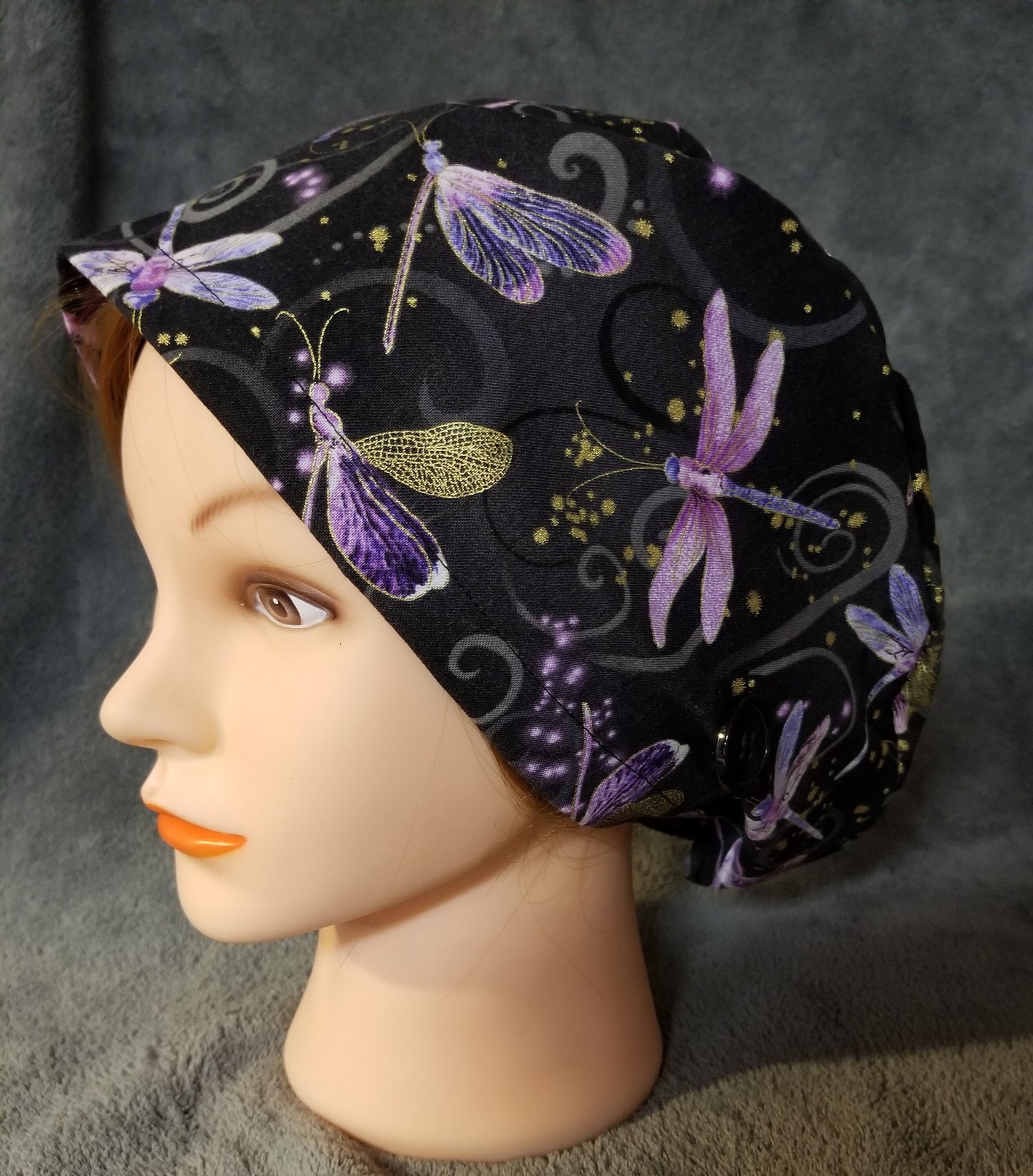 Pixie Style Scrub Cap Black Background with Dragonfly Print, Euro Style Scrub Cap