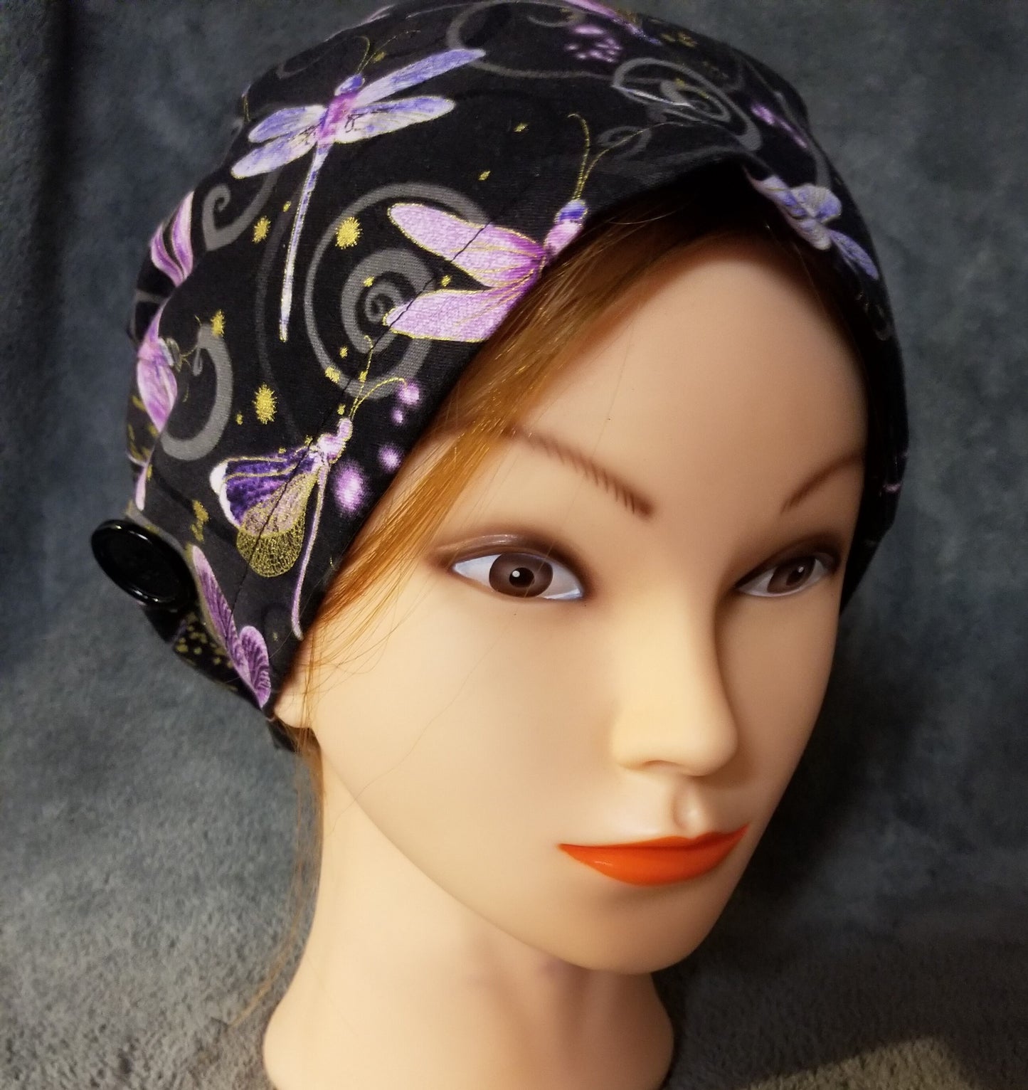 Pixie Style Scrub Cap Black Background with Dragonfly Print, Euro Style Scrub Cap