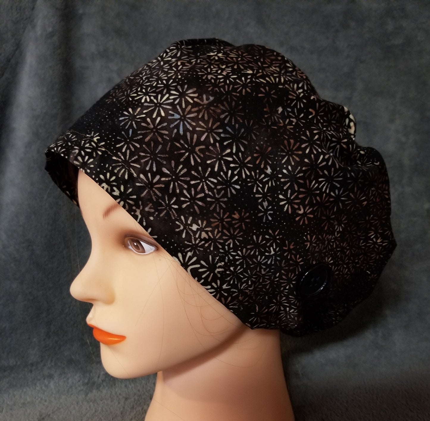Brown with Fall Flowers Batik Pixie Style Scrub Cap, Euro style scrub cap