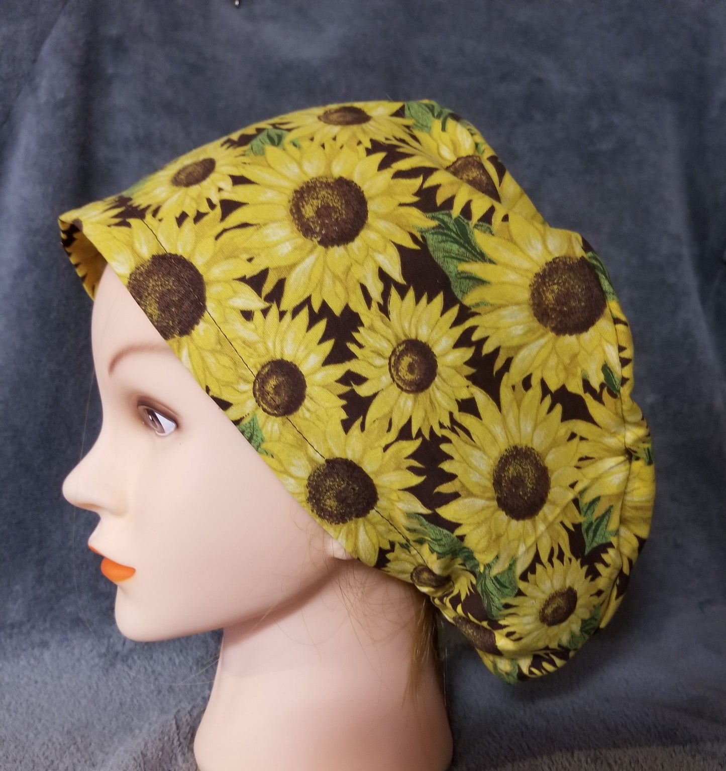 Sunflower Print Pixie Style Scrub Cap, Euro style scrub cap