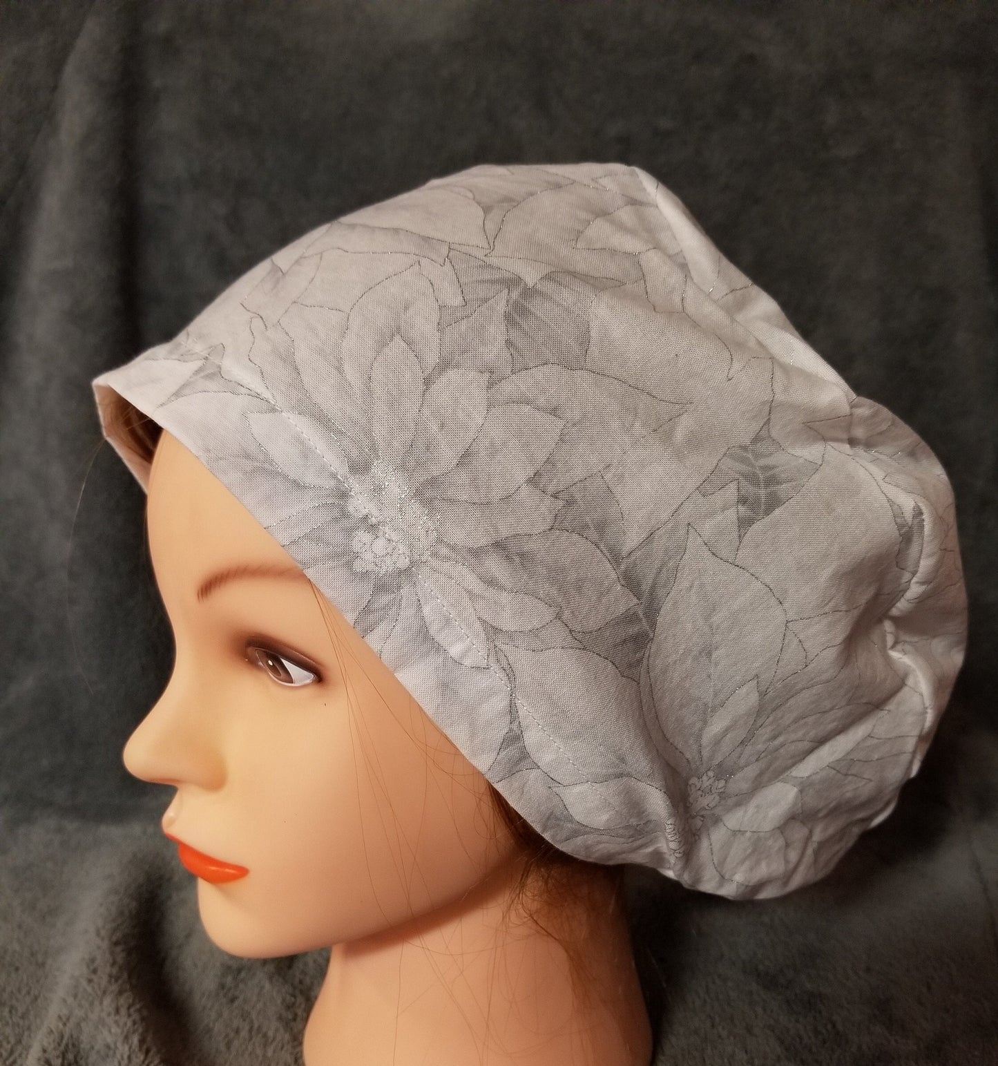White Poinsettia Print Christmas Print Pixie Style Scrub Cap, Euro style scrub cap