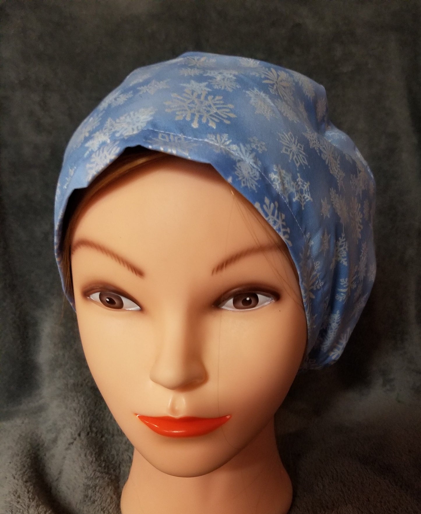 Blue with White Snowflakes Print Pixie Style Scrub Caps, Euro style scrub cap