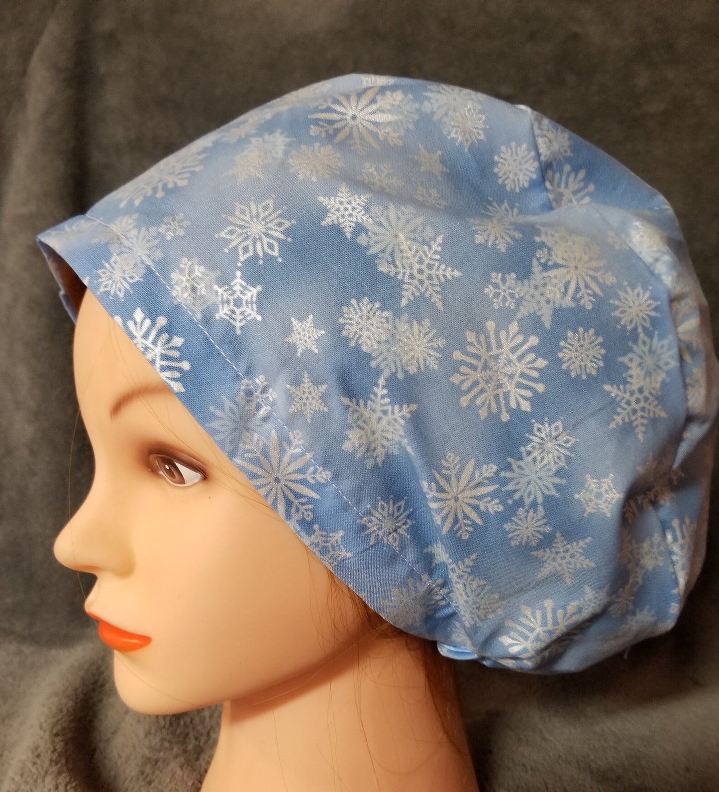 Blue with White Snowflakes Print Pixie Style Scrub Caps, Euro style scrub cap