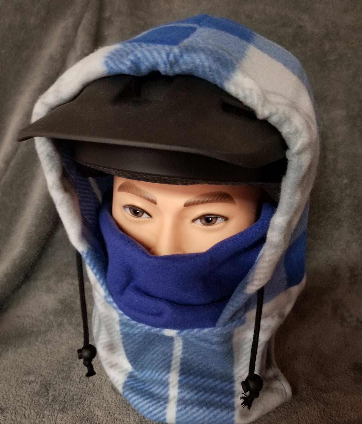 Blue and White Plaid Fleece Ski Helmet Cover