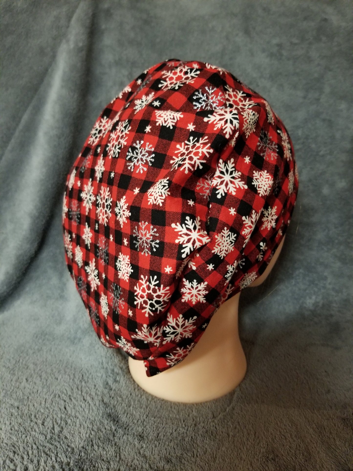Red and Black Checks with Silver Snowflakes Pixie Style Christmas Scrub Cap, Euro style scrub cap