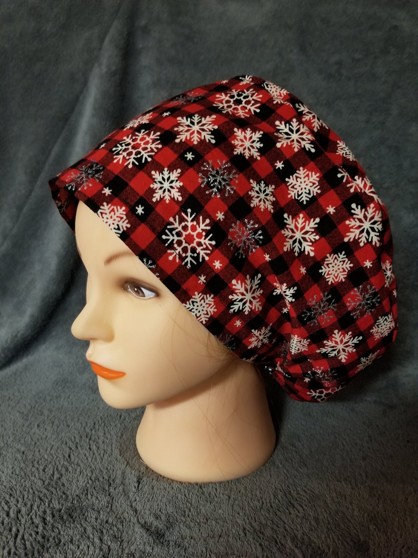Red and Black Checks with Silver Snowflakes Pixie Style Christmas Scrub Cap, Euro style scrub cap