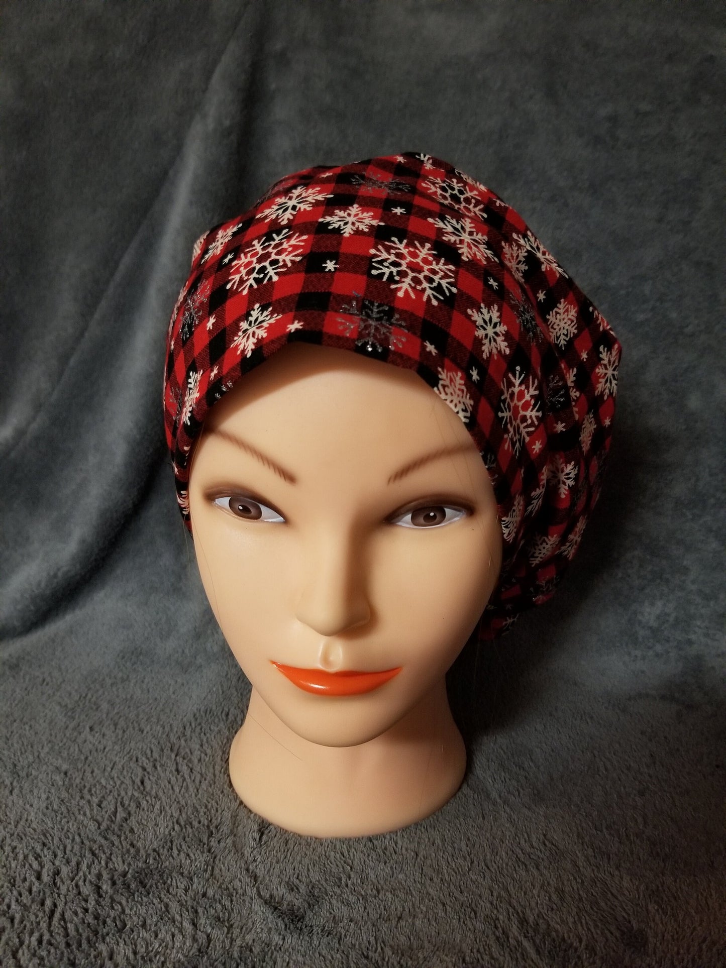 Red and Black Checks with Silver Snowflakes Pixie Style Christmas Scrub Cap, Euro style scrub cap